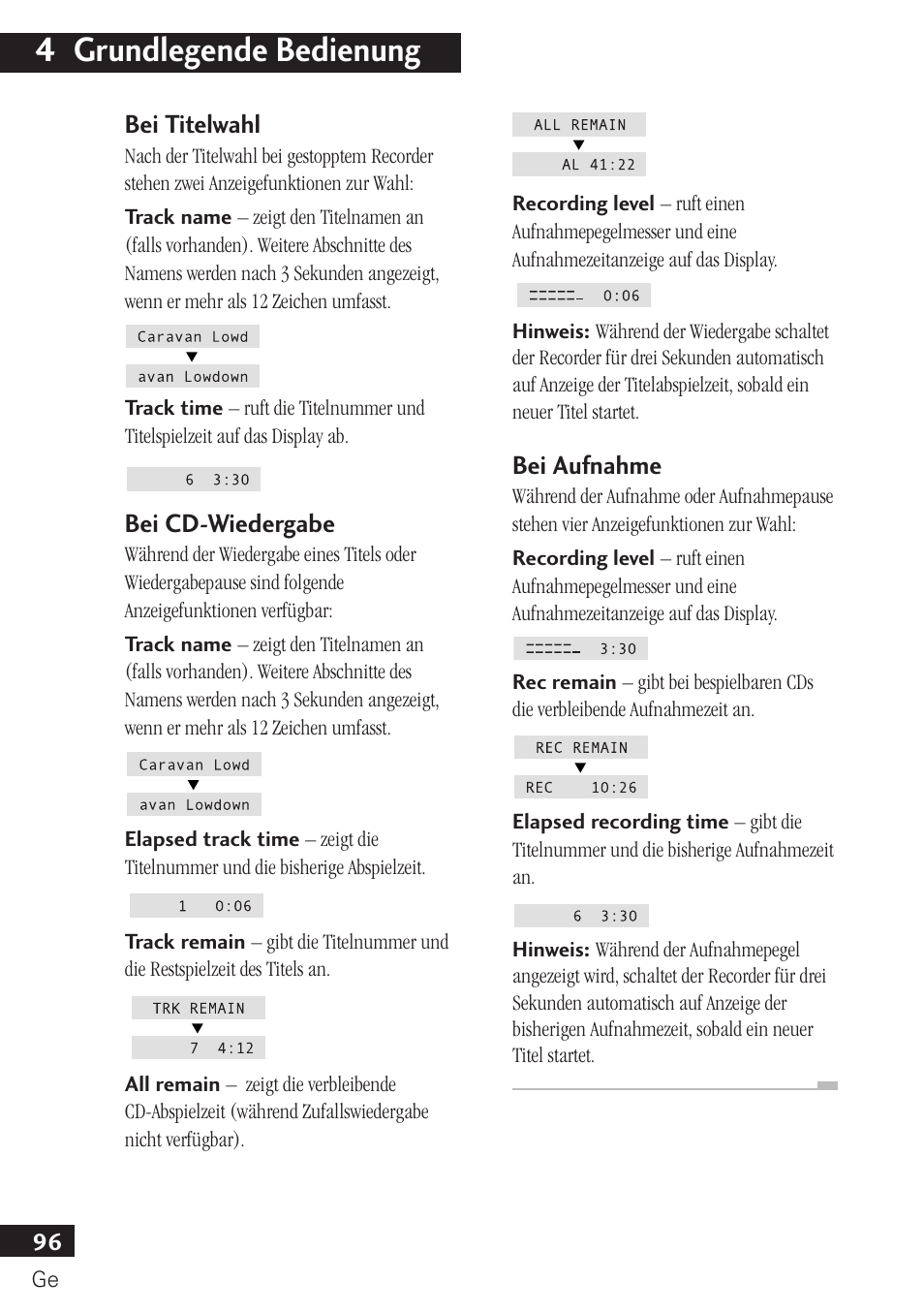 Bei titelwahl bei cd-wiedergabe bei aufnahme, 4 grundlegende bedienung, Bei titelwahl | Bei cd-wiedergabe, Bei aufnahme | Pioneer PDR-F10 User Manual | Page 96 / 162