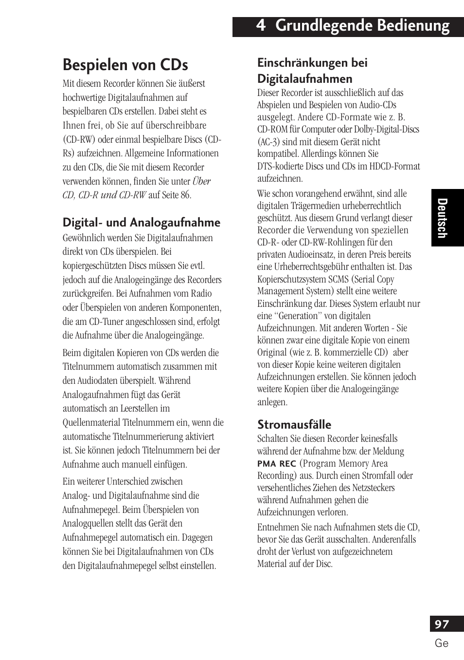 4 grundlegende bedienung, Bespielen von cds | Pioneer PDR-F10 User Manual | Page 97 / 162