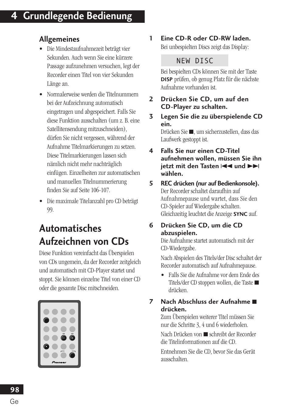 Allgemeines, Automatisches aufzeichnen von cds, 4 grundlegende bedienung | Pioneer PDR-F10 User Manual | Page 98 / 162