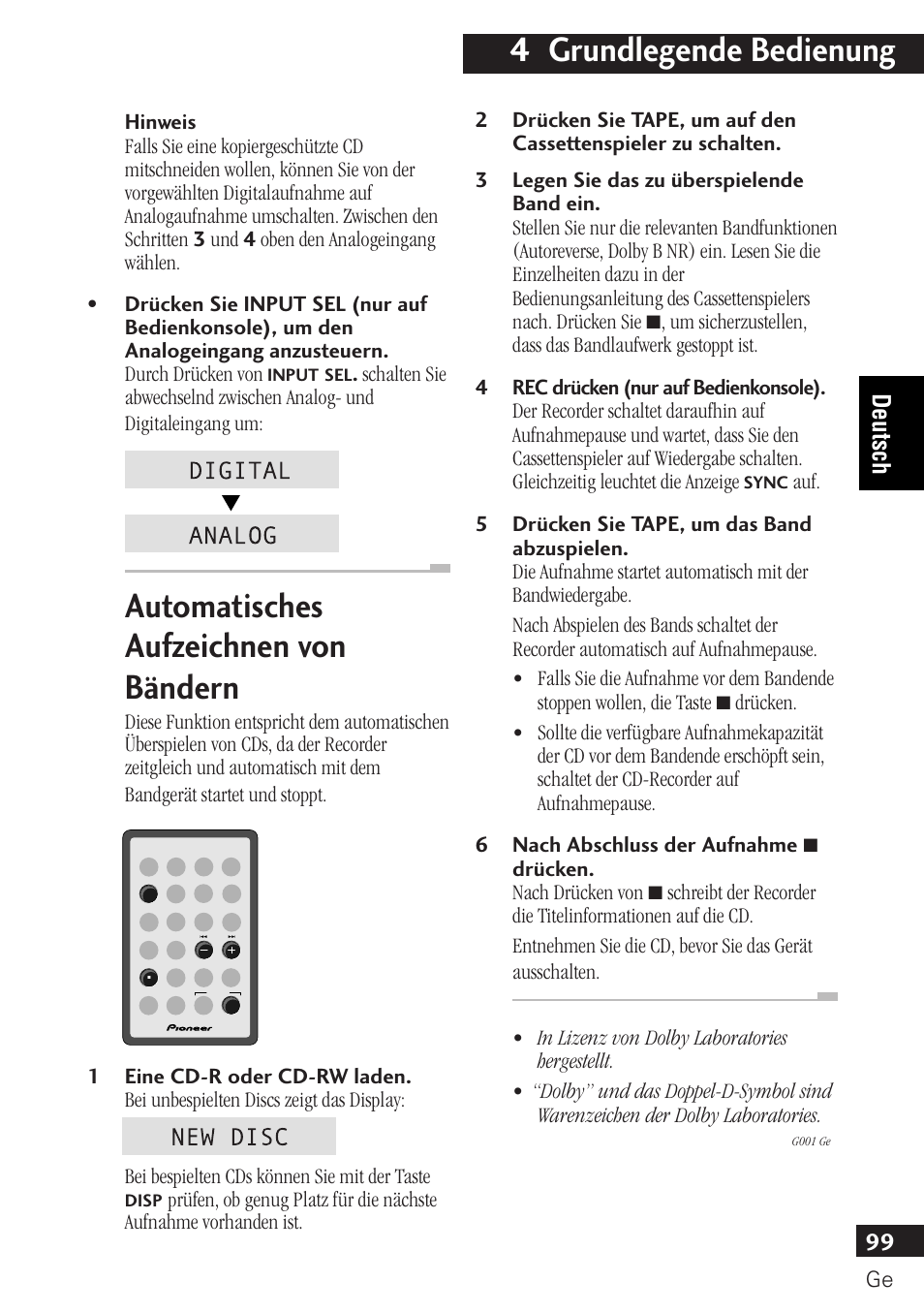 Automatisches aufzeichnen von bändern, 4 grundlegende bedienung, 99 deutsch | Pioneer PDR-F10 User Manual | Page 99 / 162