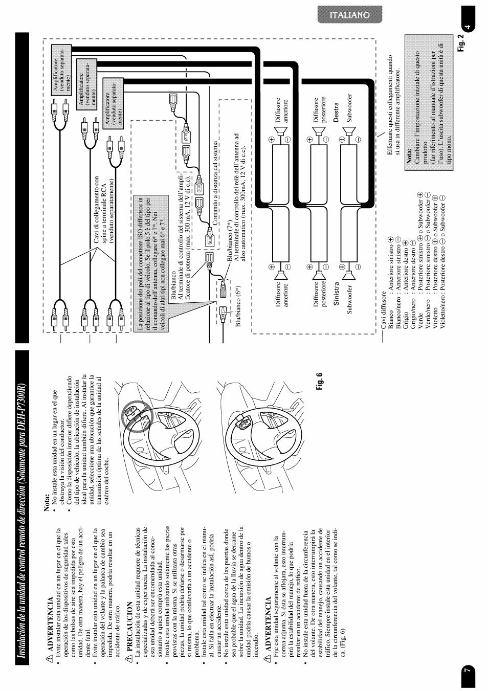 H advertencia, H precaucion, Nota | Fig.2, Instalación de la unidad de control, Remoto de dirección, Solamente para deh-p7300r) | Pioneer DEH-P7300R User Manual | Page 16 / 26