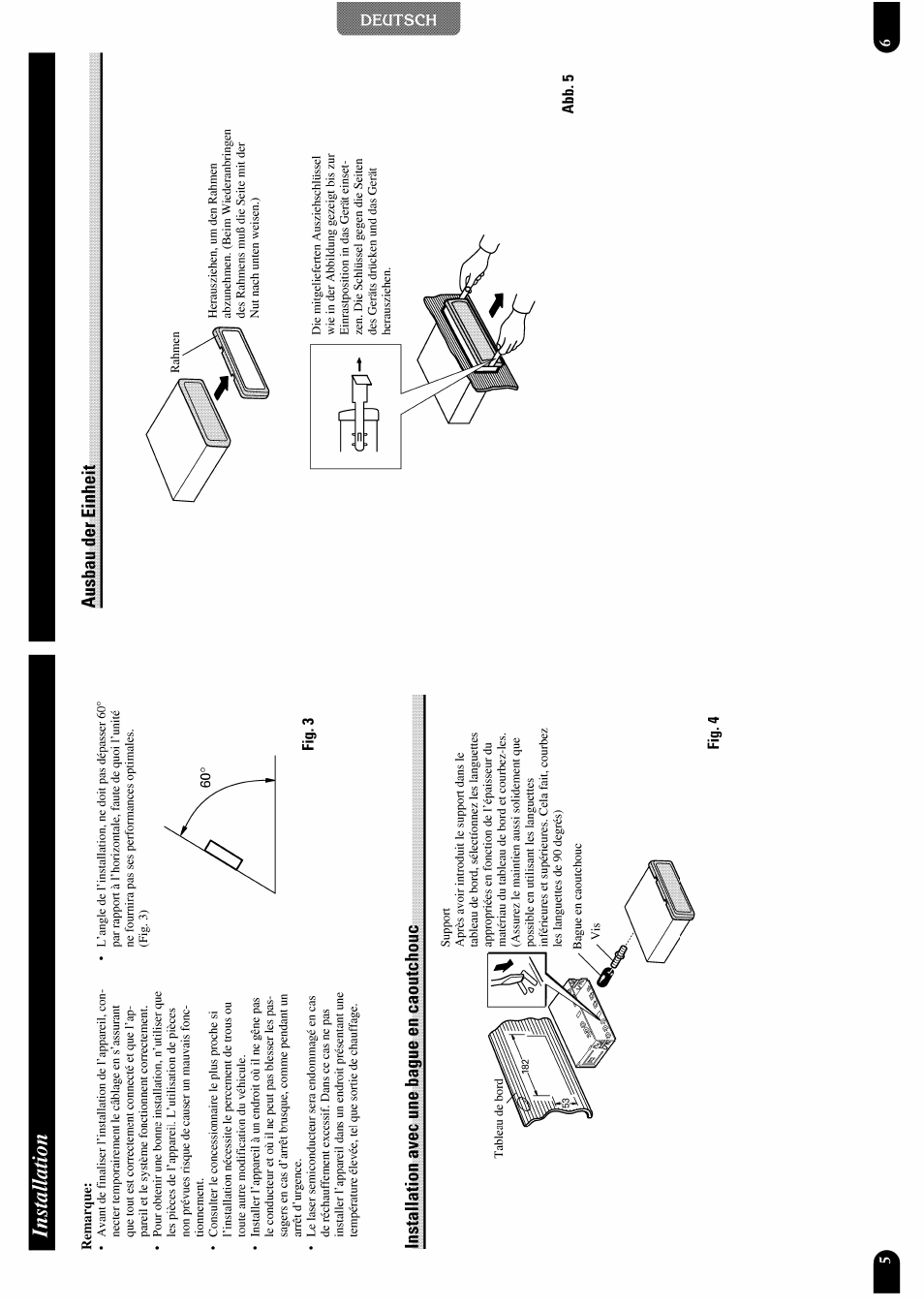 Installation, Fig.3, Installation avec une bague en caoutchouc | Fig. 4, Ausbau der einheit, Abb.5 | Pioneer DEH-P7300R User Manual | Page 23 / 26