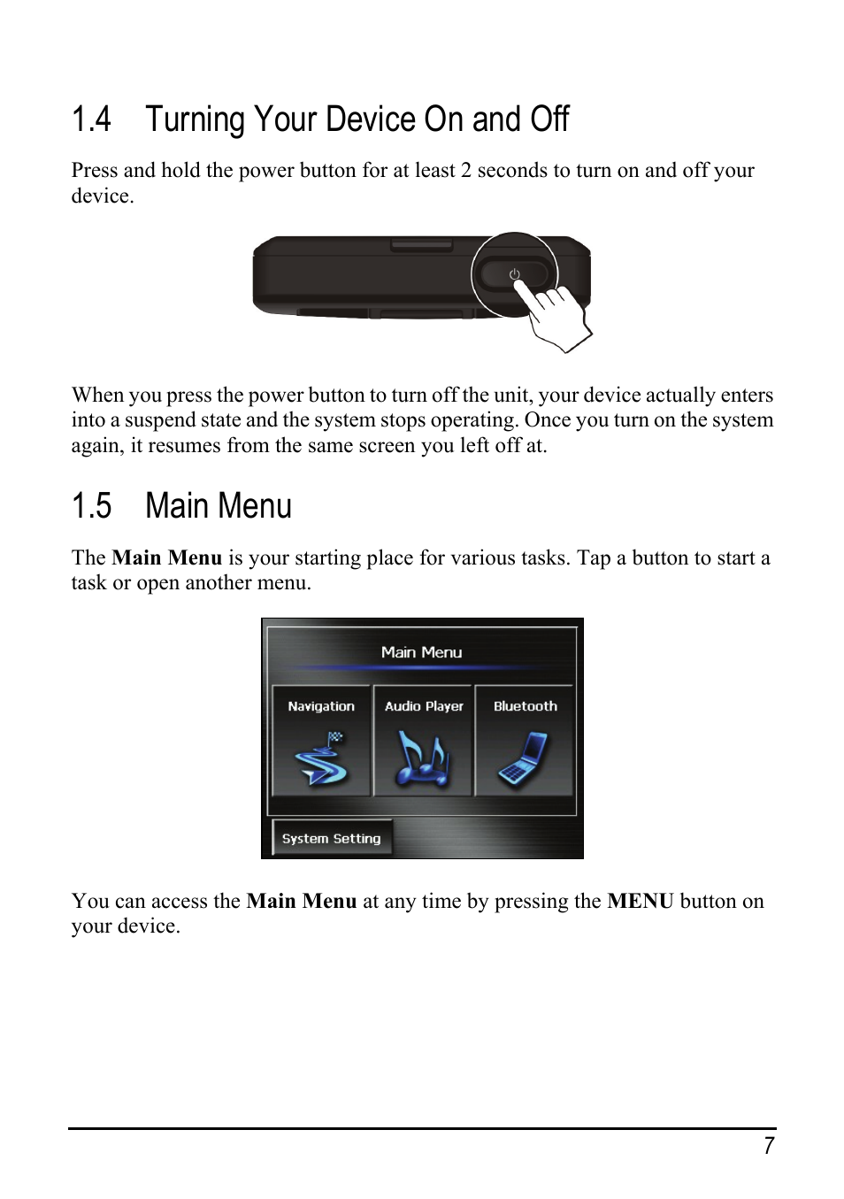 4 turning your device on and off, 5 main menu, Turning your device on and off | Main menu | Pioneer AVIC-S2 User Manual | Page 13 / 45