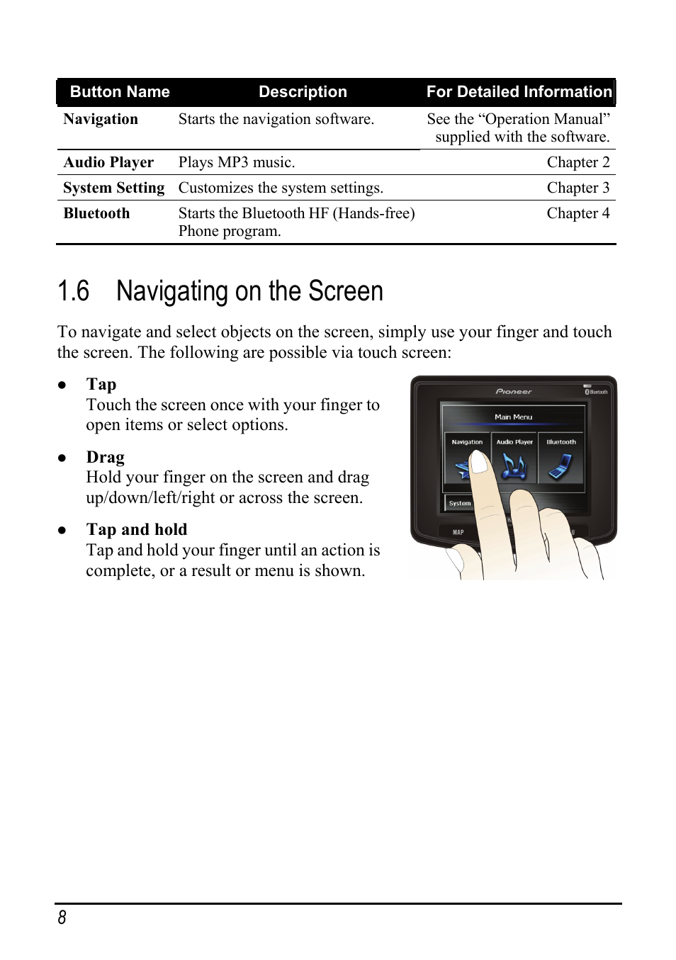 6 navigating on the screen, Navigating on the screen | Pioneer AVIC-S2 User Manual | Page 14 / 45