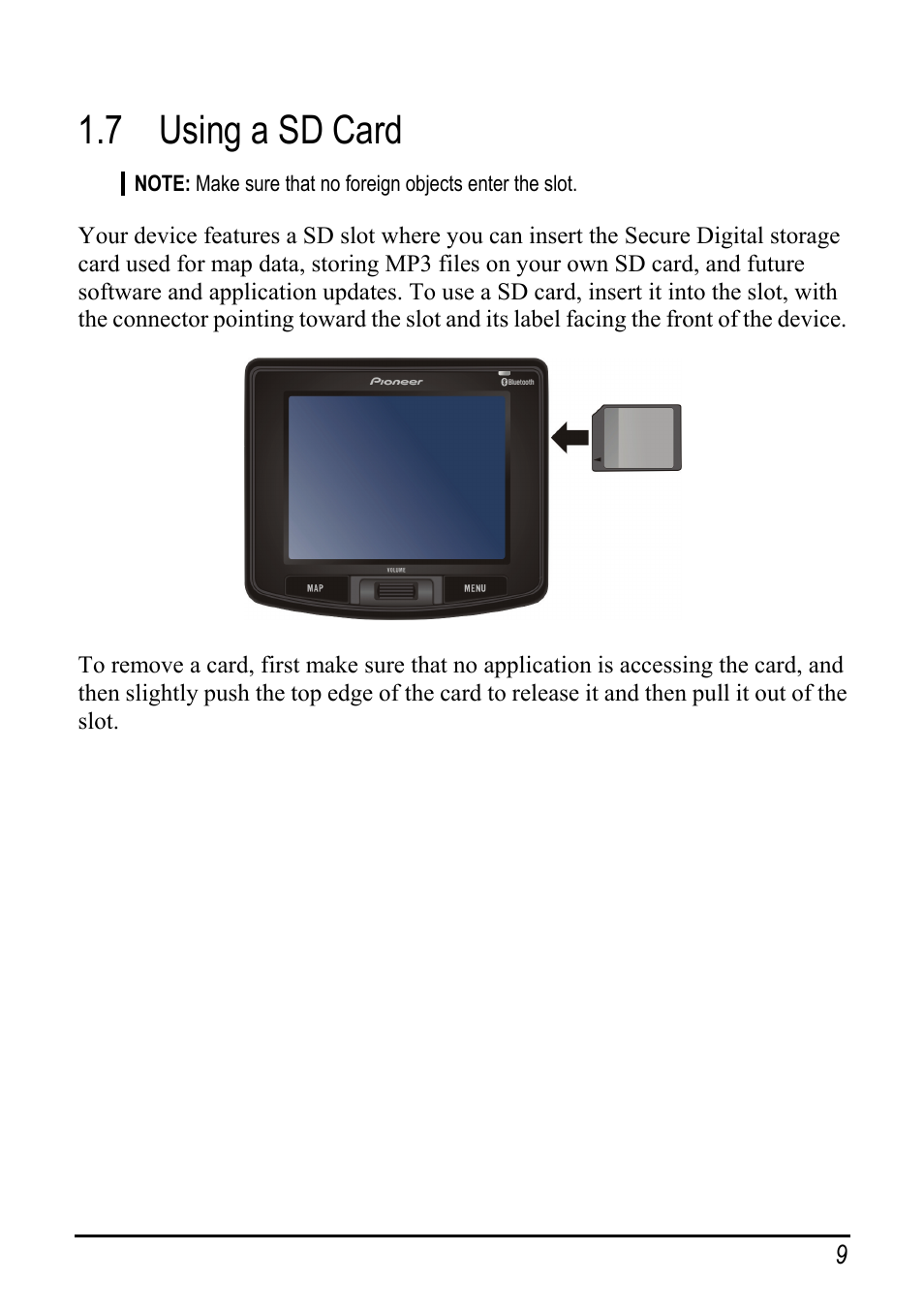 7 using a sd card, Using a sd card | Pioneer AVIC-S2 User Manual | Page 15 / 45