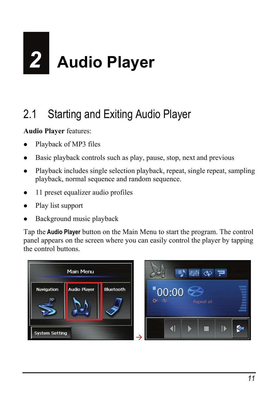 2 audio player, 1 starting and exiting audio player, Audio player | Starting and exiting audio player | Pioneer AVIC-S2 User Manual | Page 17 / 45