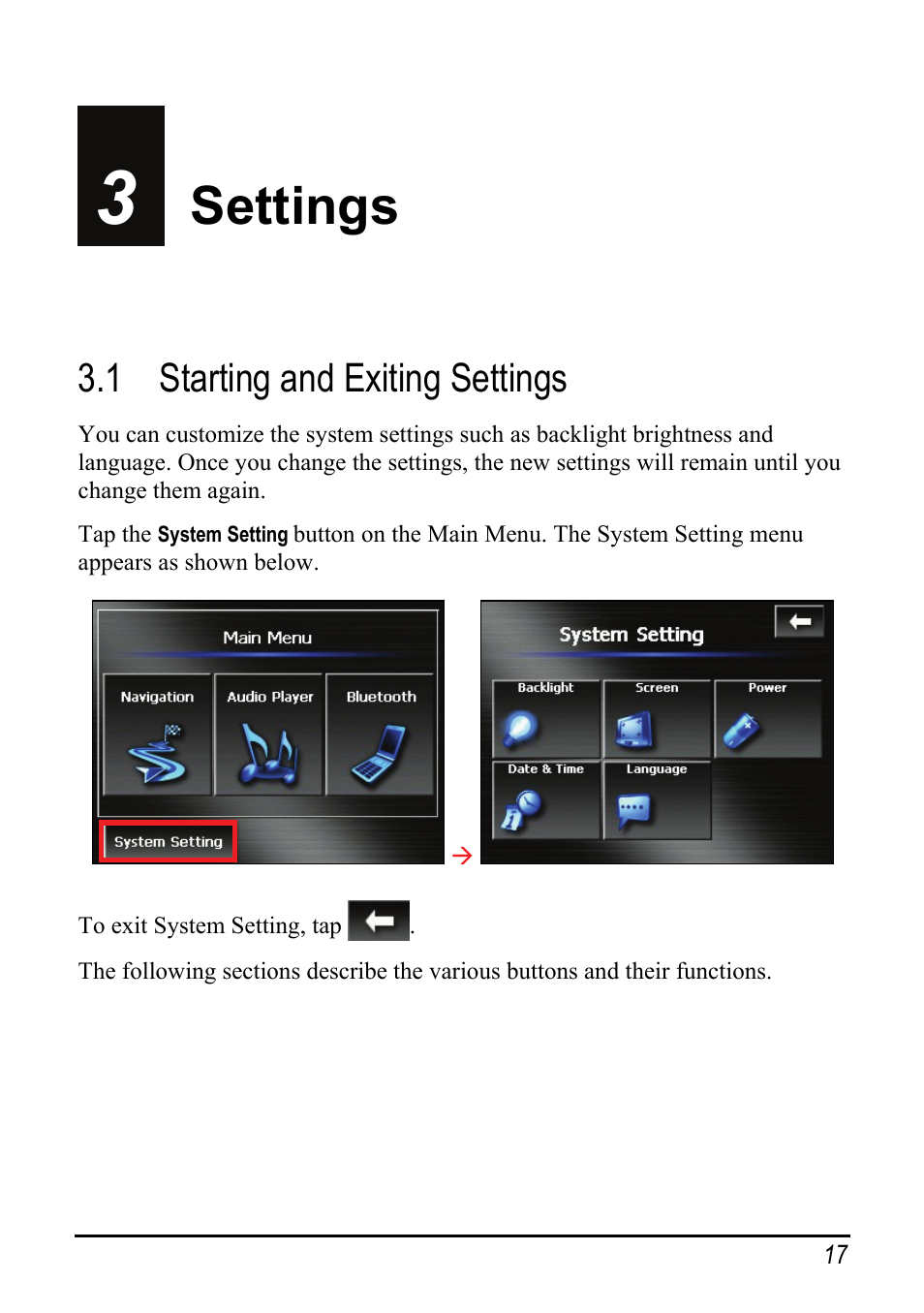 3 settings, 1 starting and exiting settings, Settings | Starting and exiting settings | Pioneer AVIC-S2 User Manual | Page 23 / 45