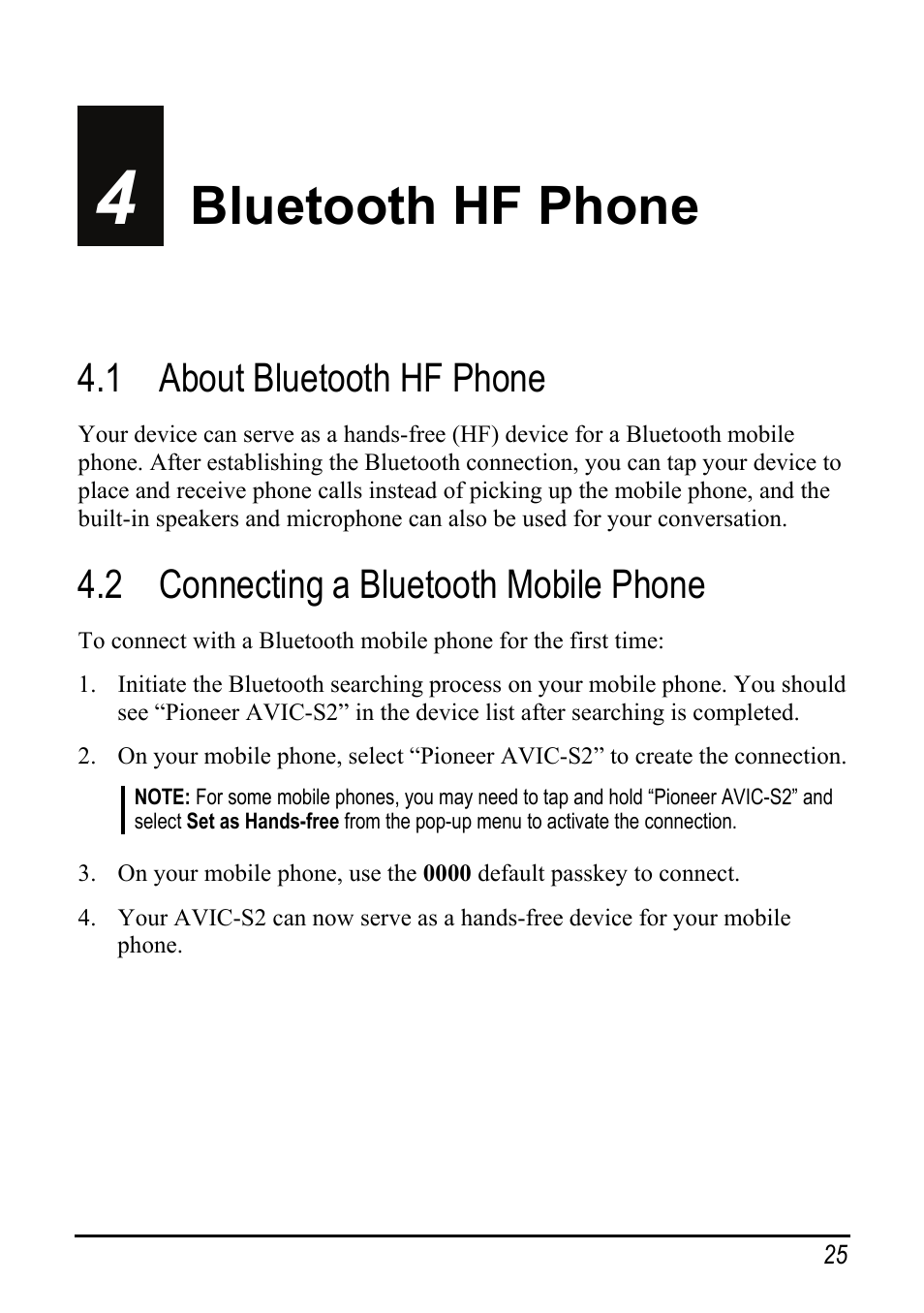 4 bluetooth hf phone, 1 about bluetooth hf phone, 2 connecting a bluetooth mobile phone | Bluetooth hf phone, About bluetooth hf phone, Connecting a bluetooth mobile phone | Pioneer AVIC-S2 User Manual | Page 31 / 45