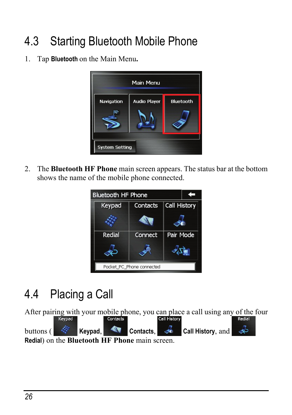 3 starting bluetooth mobile phone, 4 placing a call, Starting bluetooth mobile phone | Placing a call | Pioneer AVIC-S2 User Manual | Page 32 / 45