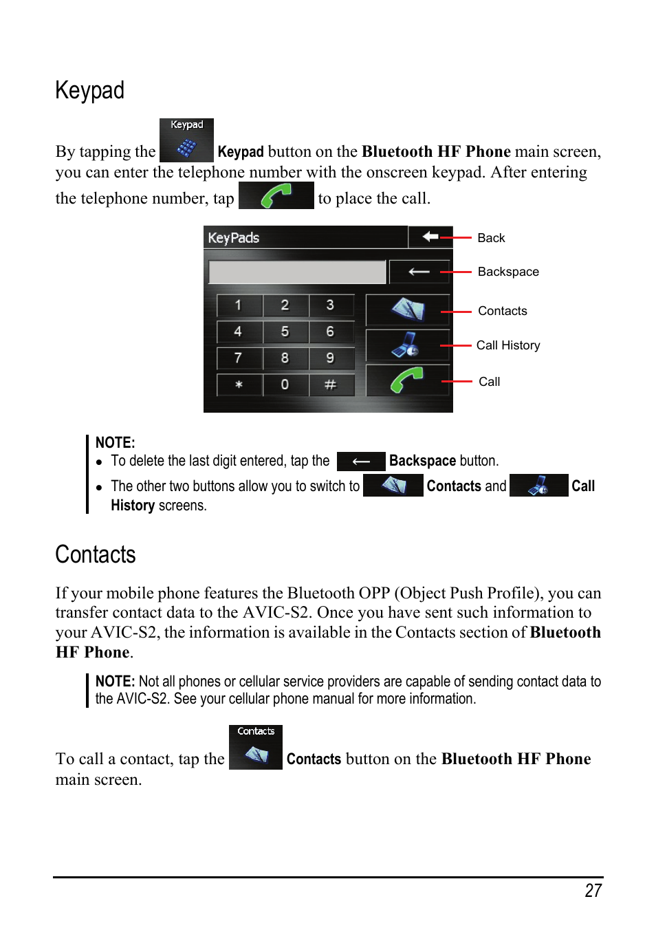 Keypad, Contacts | Pioneer AVIC-S2 User Manual | Page 33 / 45