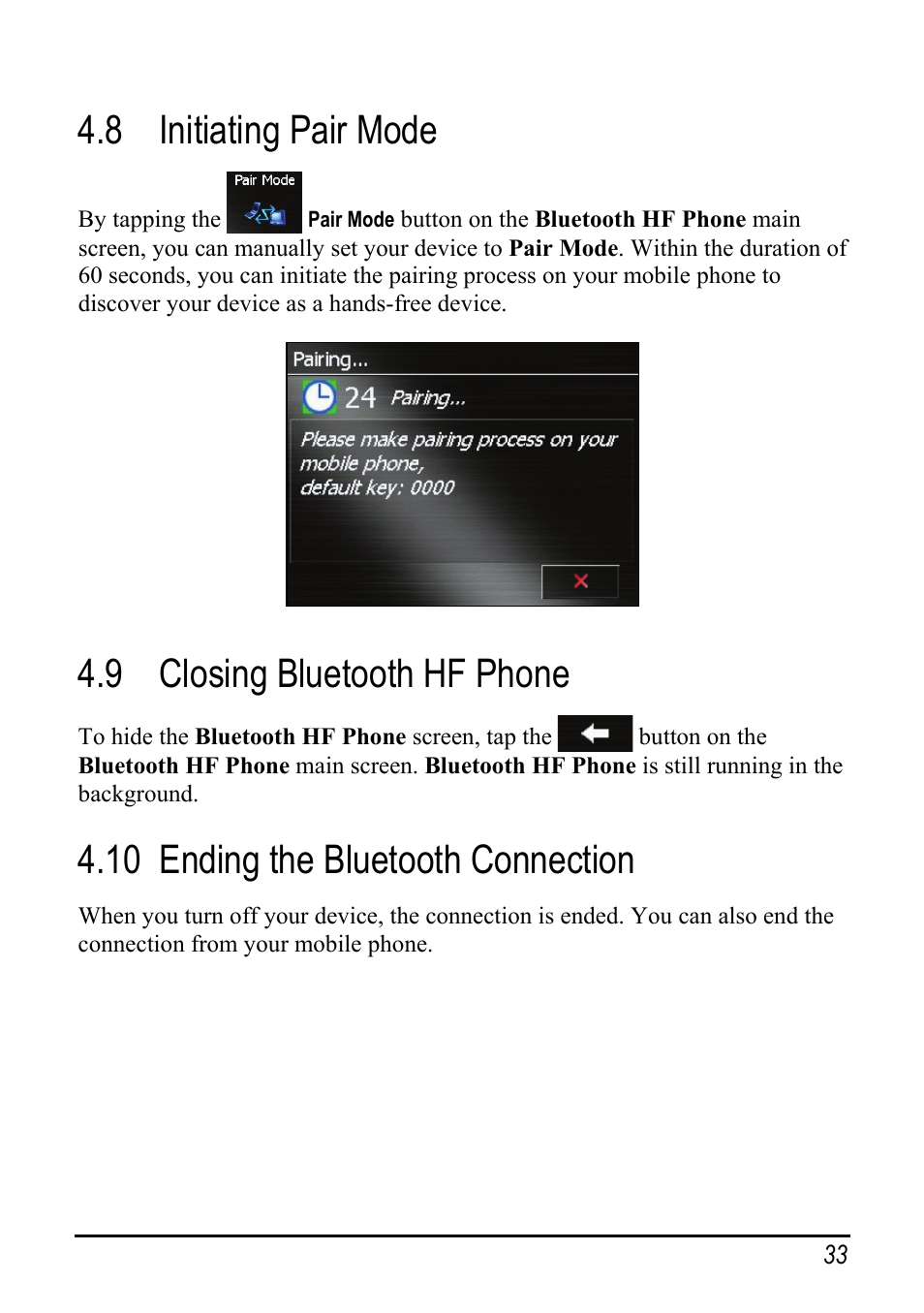 8 initiating pair mode, 9 closing bluetooth hf phone, 10 ending the bluetooth connection | Initiating pair mode, Closing bluetooth hf phone, Ending the bluetooth connection | Pioneer AVIC-S2 User Manual | Page 39 / 45