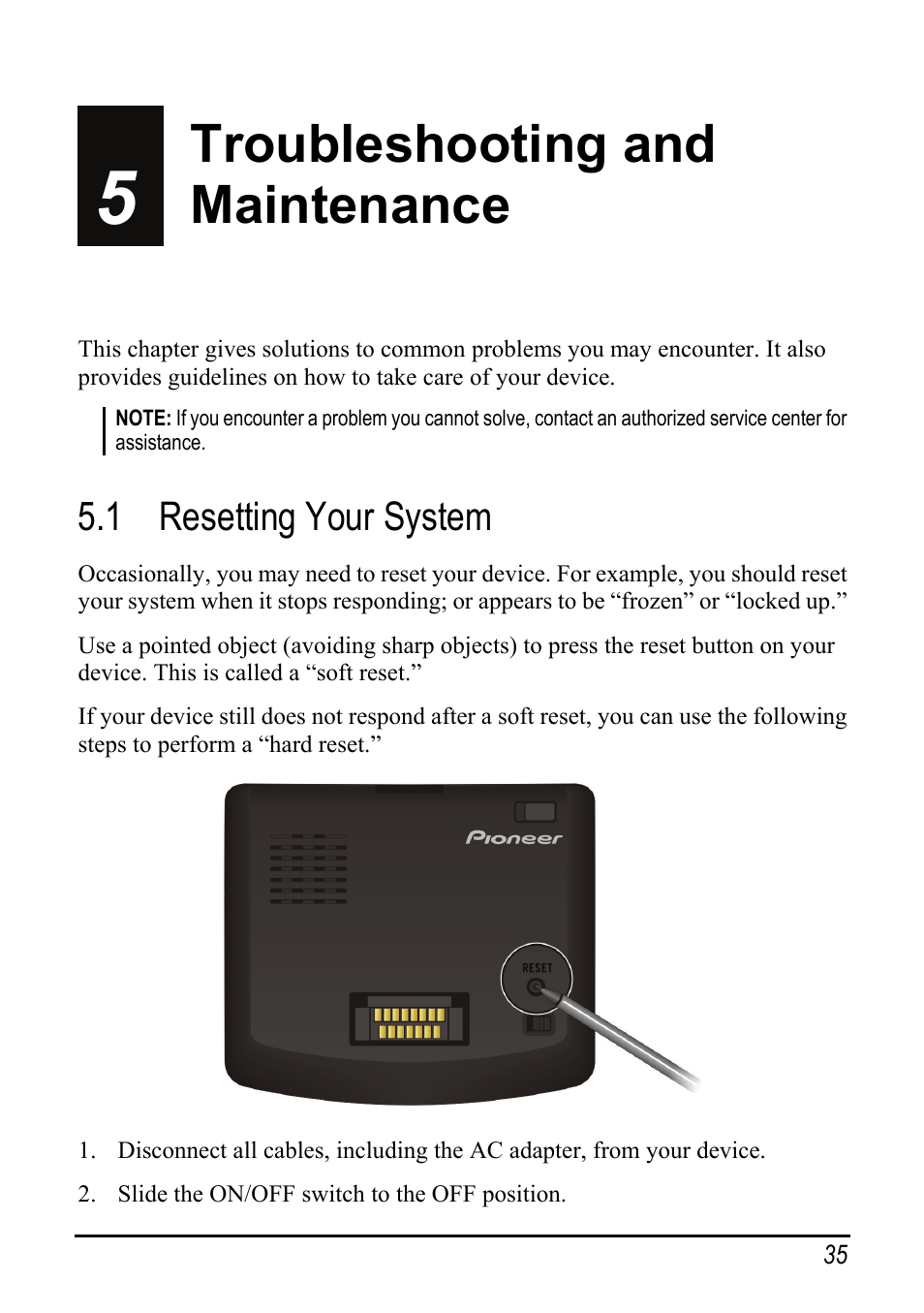5 troubleshooting and maintenance, 1 resetting your system, Troubleshooting and maintenance | Resetting your system | Pioneer AVIC-S2 User Manual | Page 41 / 45