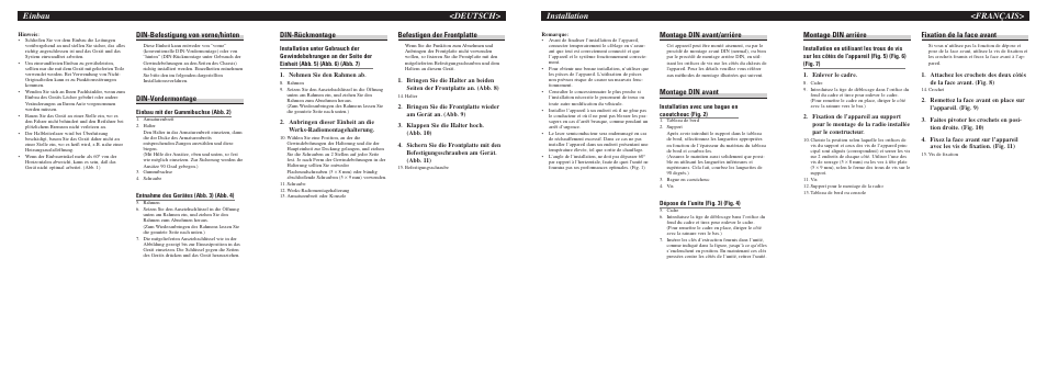 Installation <français, Einbau <deutsch, Montage din arrière | Fixation de la face avant, Montage din avant/arrière, Montage din avant, Din-rückmontage, Befestigen der frontplatte, Din-befestigung von vorne/hinten, Din-vordermontage | Pioneer DEH-P6500R User Manual | Page 3 / 8