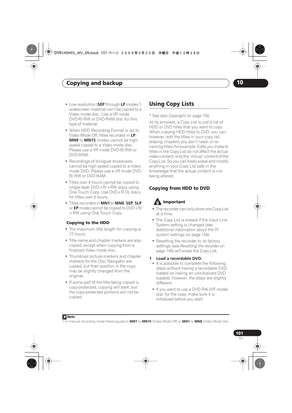 Using copy lists, Copying and backup 10 | Pioneer DVR-540HX-S User Manual | Page 101 / 152