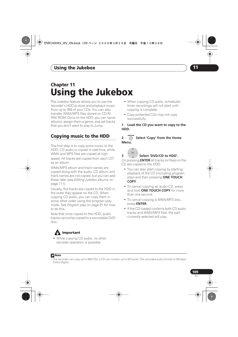 11 using the jukebox, Copying music to the hdd, Using the jukebox | Using the jukebox 11, Chapter 11 | Pioneer DVR-540HX-S User Manual | Page 109 / 152