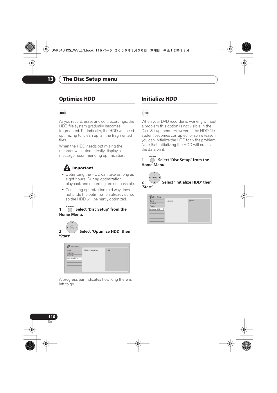 Optimize hdd, Initialize hdd, The disc setup menu 13 | Pioneer DVR-540HX-S User Manual | Page 116 / 152