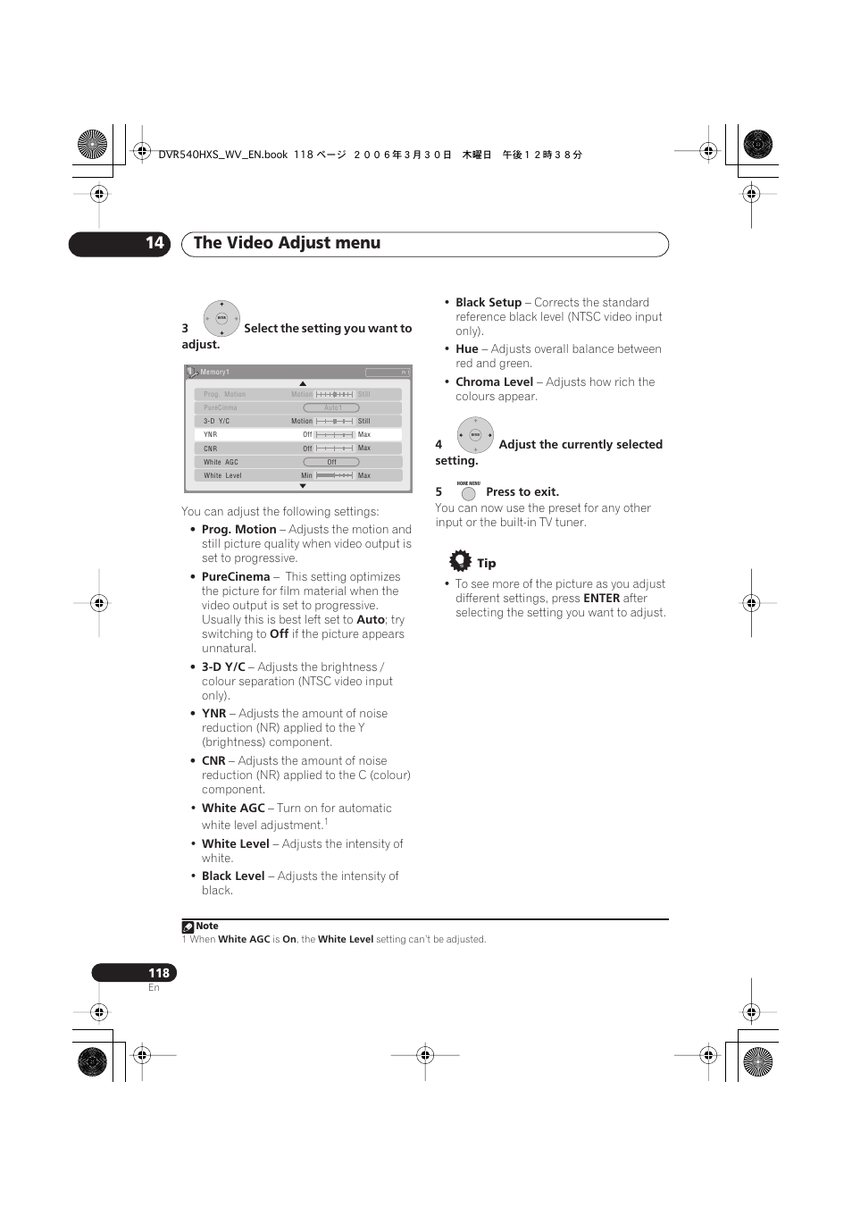 The video adjust menu 14 | Pioneer DVR-540HX-S User Manual | Page 118 / 152