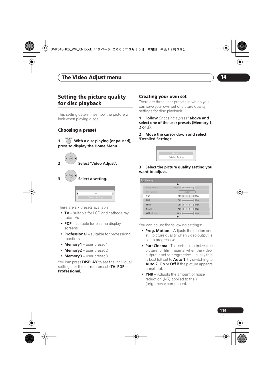 Setting the picture quality for disc playback, The video adjust menu 14, Setting the picture quality | For disc playback, Choosing a preset, Creating your own set | Pioneer DVR-540HX-S User Manual | Page 119 / 152