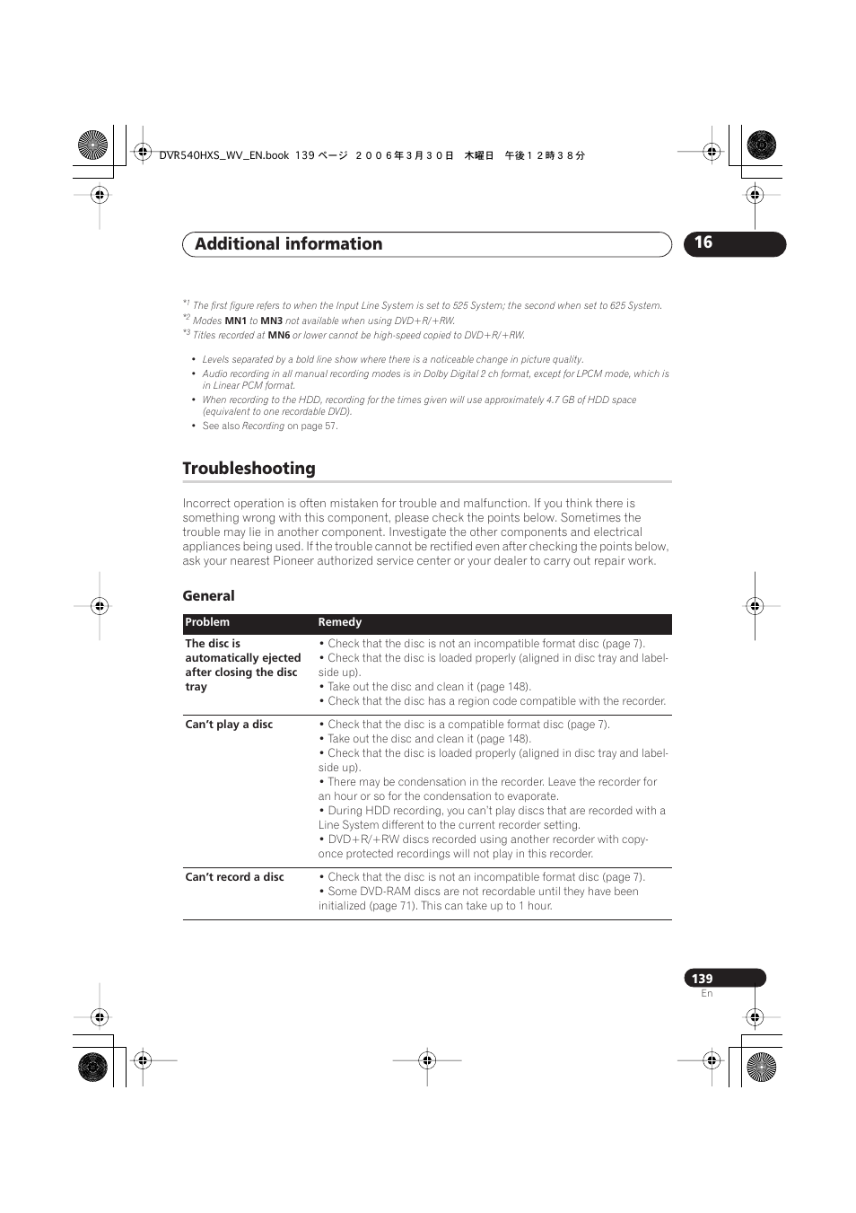 Troubleshooting, Additional information 16, General | Pioneer DVR-540HX-S User Manual | Page 139 / 152