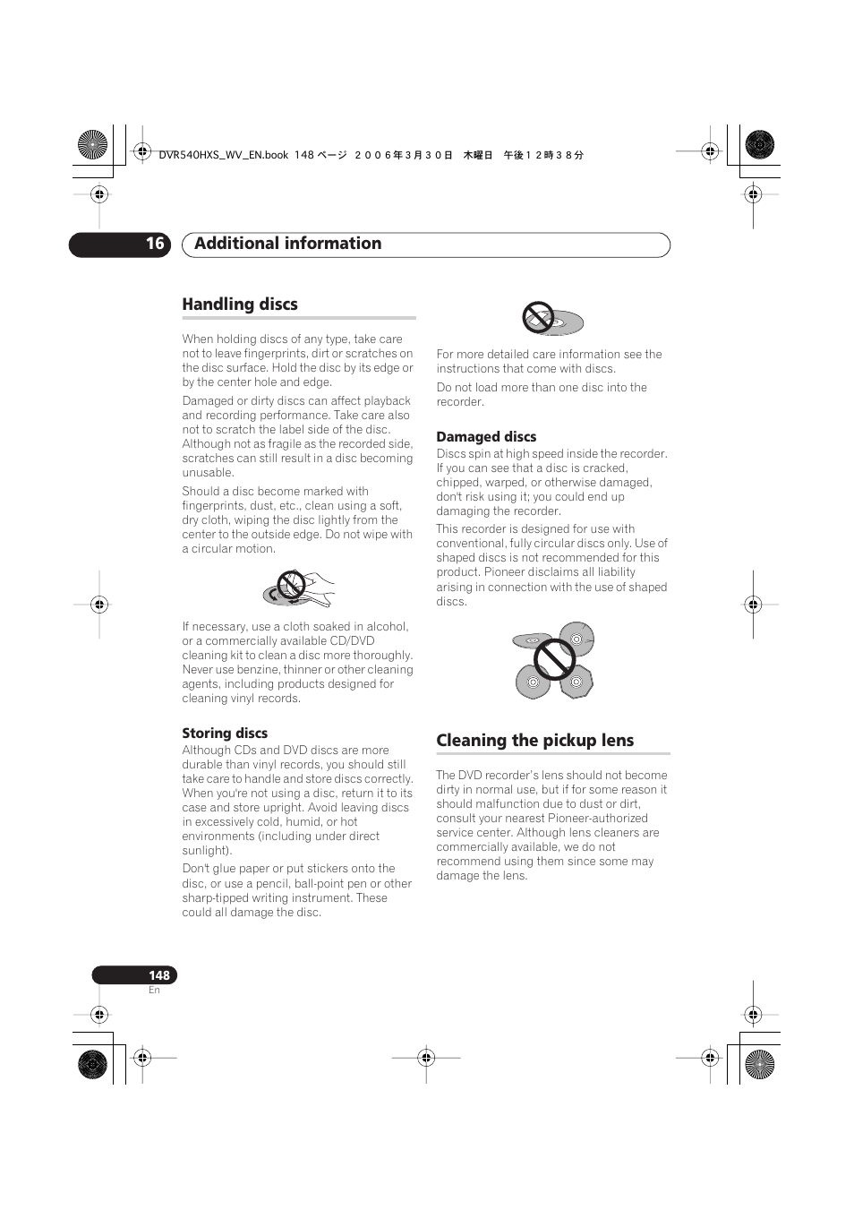 Handling discs, Cleaning the pickup lens, Additional information 16 | Pioneer DVR-540HX-S User Manual | Page 148 / 152