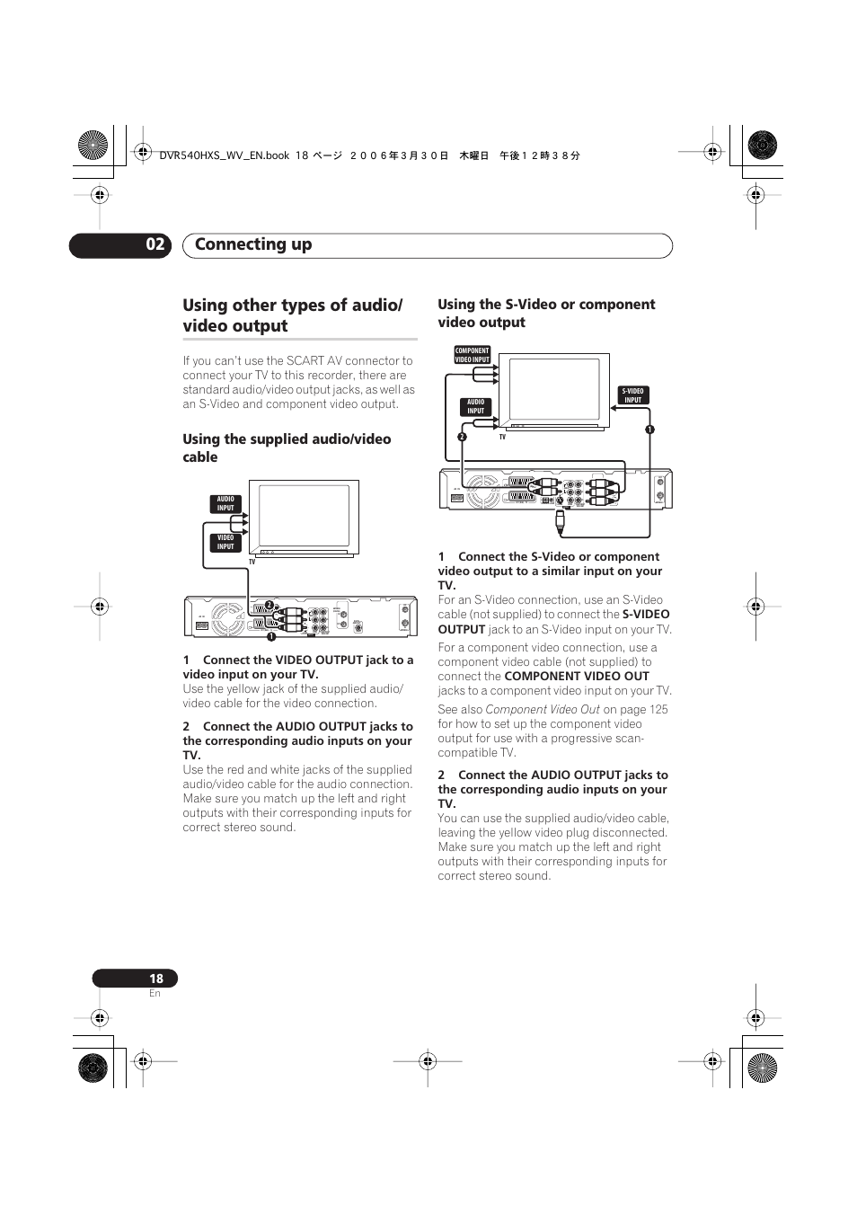 Connecting up 02, Using other types of audio, Video output | Using the supplied audio/video cable, Using the s-video or component video output, S-video output, Component video out | Pioneer DVR-540HX-S User Manual | Page 18 / 152