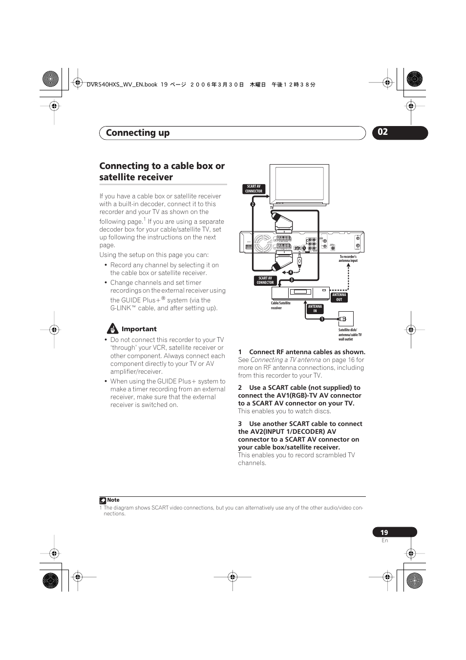 Using other types of audio/video output, Connecting to a cable box or satellite receiver, Connecting up 02 | Connecting to a cable box or, Satellite receiver | Pioneer DVR-540HX-S User Manual | Page 19 / 152