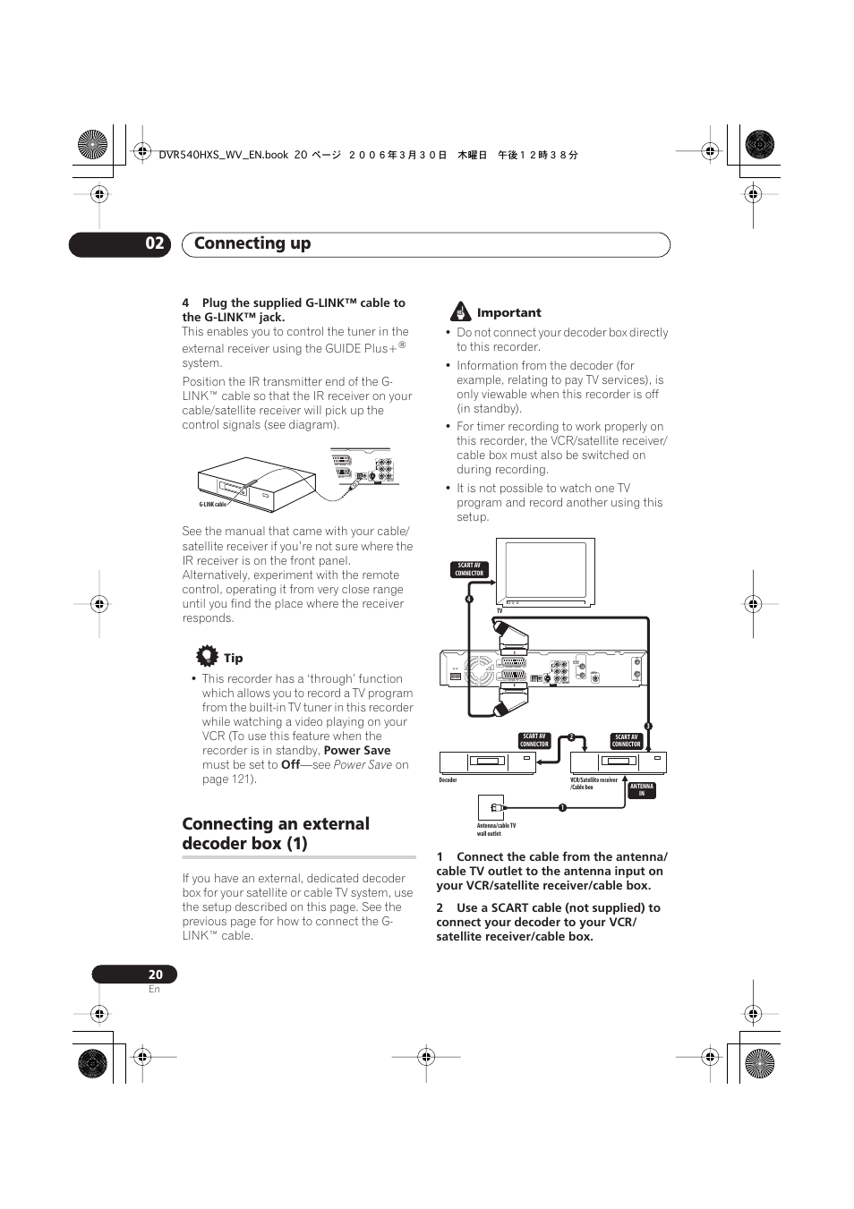 Connecting up 02, Connecting an external, Decoder box (1) | Output in, Coaxial, Power save, Must be set to, On page 121), Important | Pioneer DVR-540HX-S User Manual | Page 20 / 152