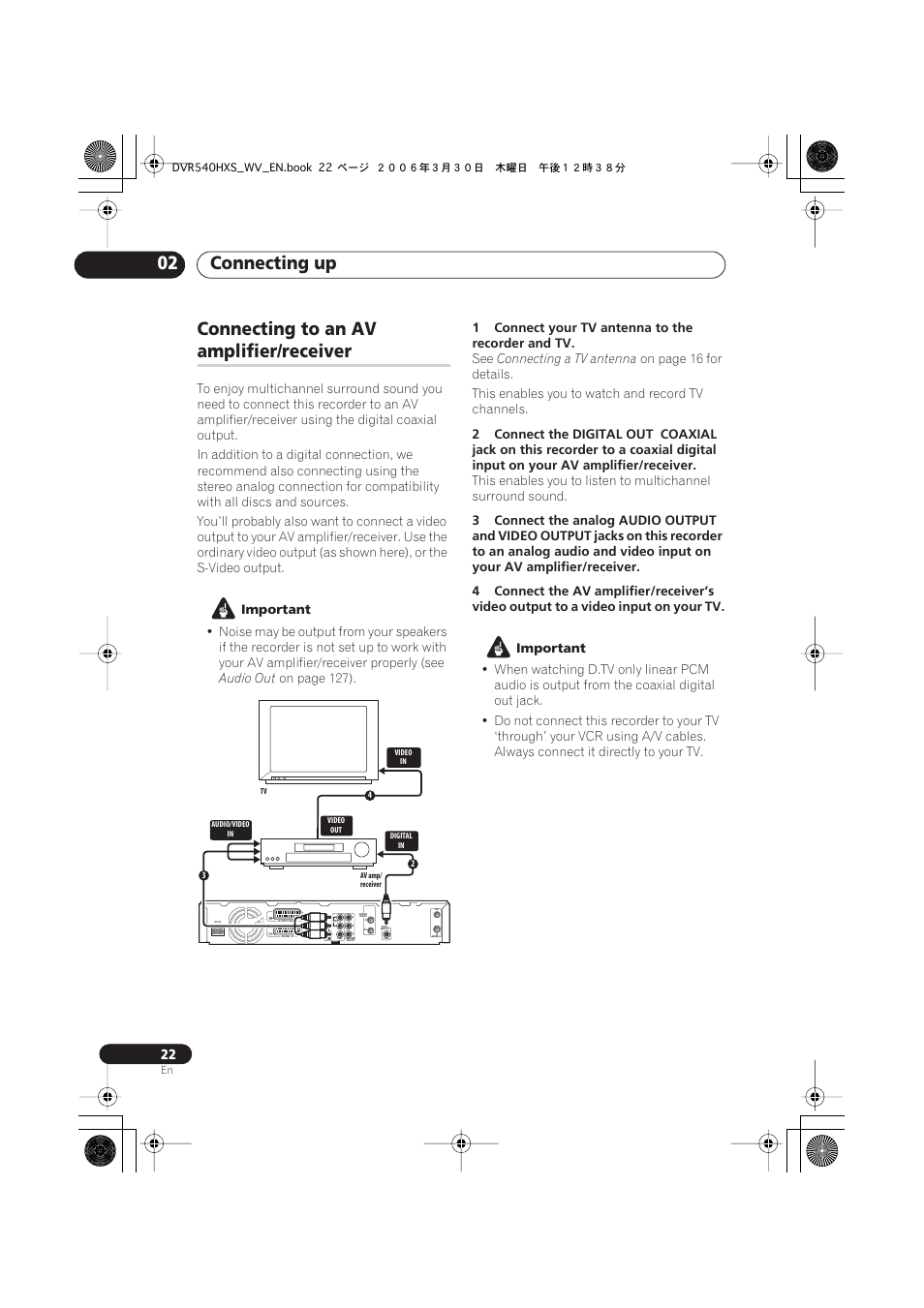 Connecting an external decoder box (1), Connecting an external decoder box (2), Connecting to an av amplifier/receiver | Connecting up 02, Connecting to an av, Amplifier/receiver | Pioneer DVR-540HX-S User Manual | Page 22 / 152