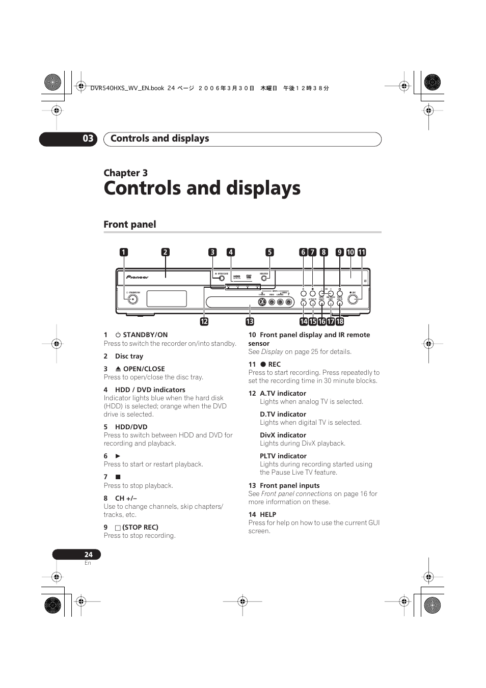 03 controls and displays, Front panel, Controls and displays | Controls and displays 03, Chapter 3 | Pioneer DVR-540HX-S User Manual | Page 24 / 152