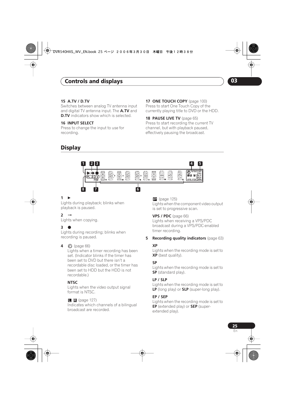 Display, Controls and displays 03 | Pioneer DVR-540HX-S User Manual | Page 25 / 152