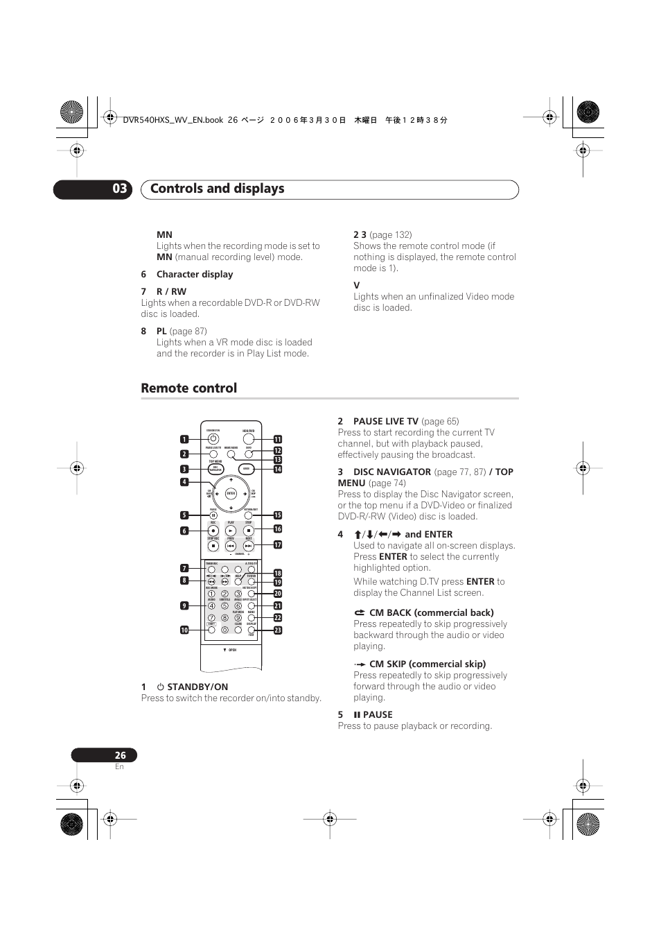 Remote control, Controls and displays 03 | Pioneer DVR-540HX-S User Manual | Page 26 / 152