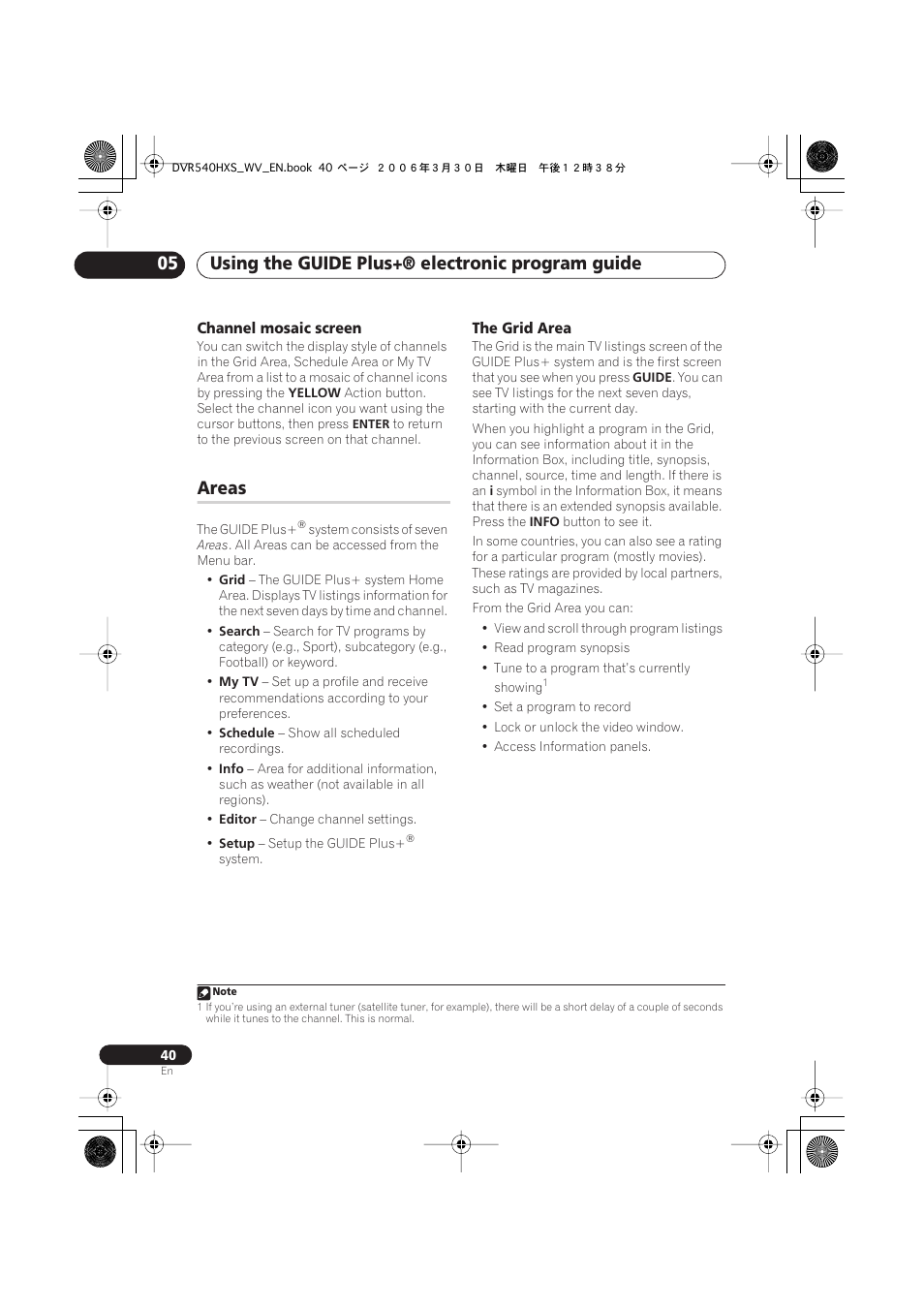 Areas, Using the guide plus+® electronic program guide 05 | Pioneer DVR-540HX-S User Manual | Page 40 / 152