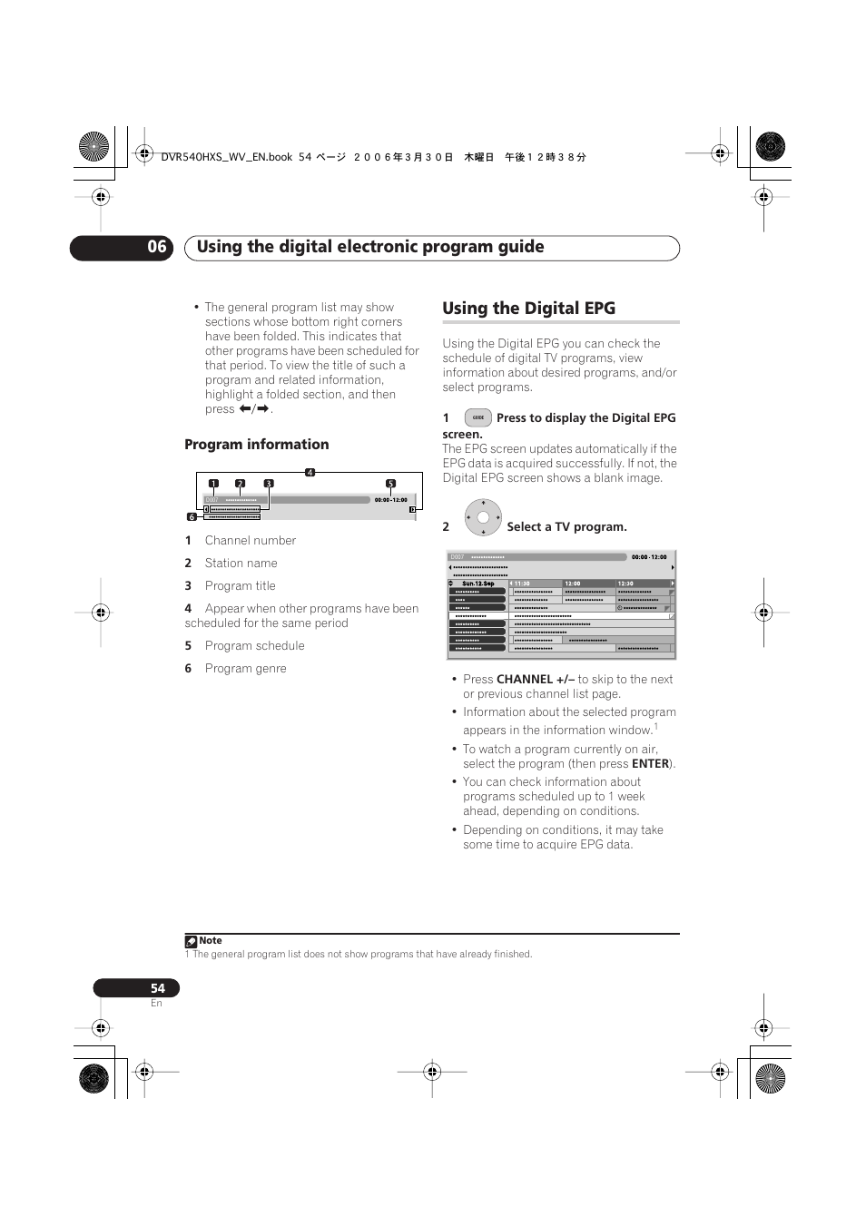 Using the digital epg, Using the digital electronic program guide 06 | Pioneer DVR-540HX-S User Manual | Page 54 / 152