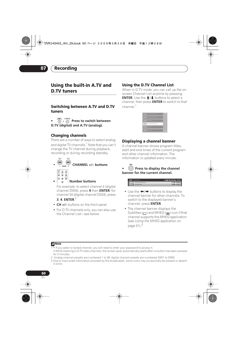 Using the built-in a.tv and d.tv tuners, Recording 07, Using the built-in a.tv and | D.tv tuners, Switching between a.tv and d.tv tuners, Changing channels, Using the d.tv channel list, Displaying a channel banner | Pioneer DVR-540HX-S User Manual | Page 60 / 152