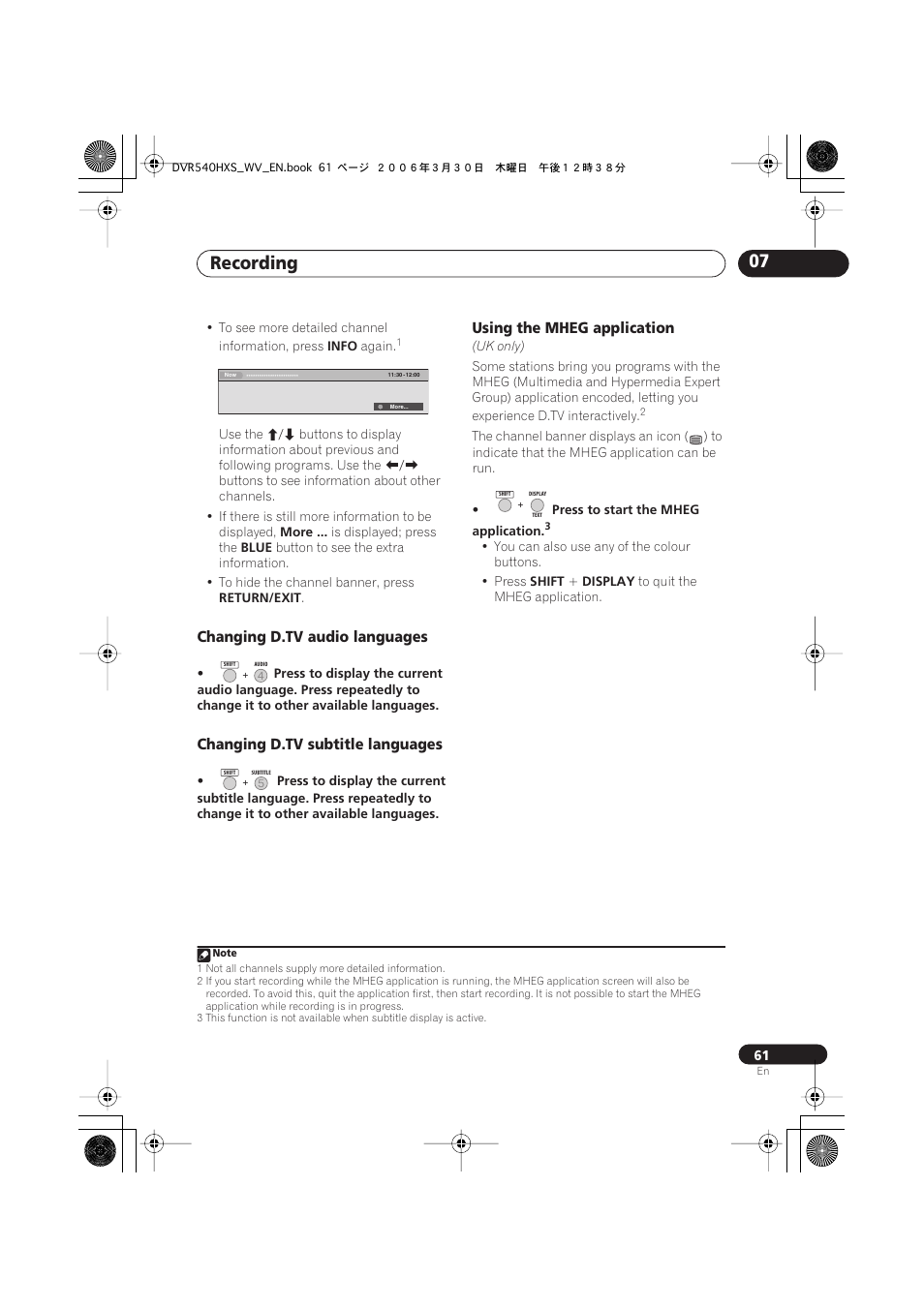 Recording 07, Changing d.tv audio languages, Changing d.tv subtitle languages | Using the mheg application | Pioneer DVR-540HX-S User Manual | Page 61 / 152