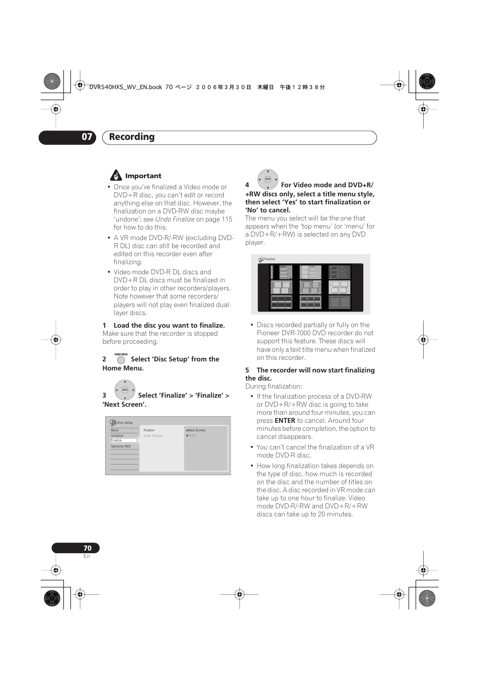 Recording 07 | Pioneer DVR-540HX-S User Manual | Page 70 / 152