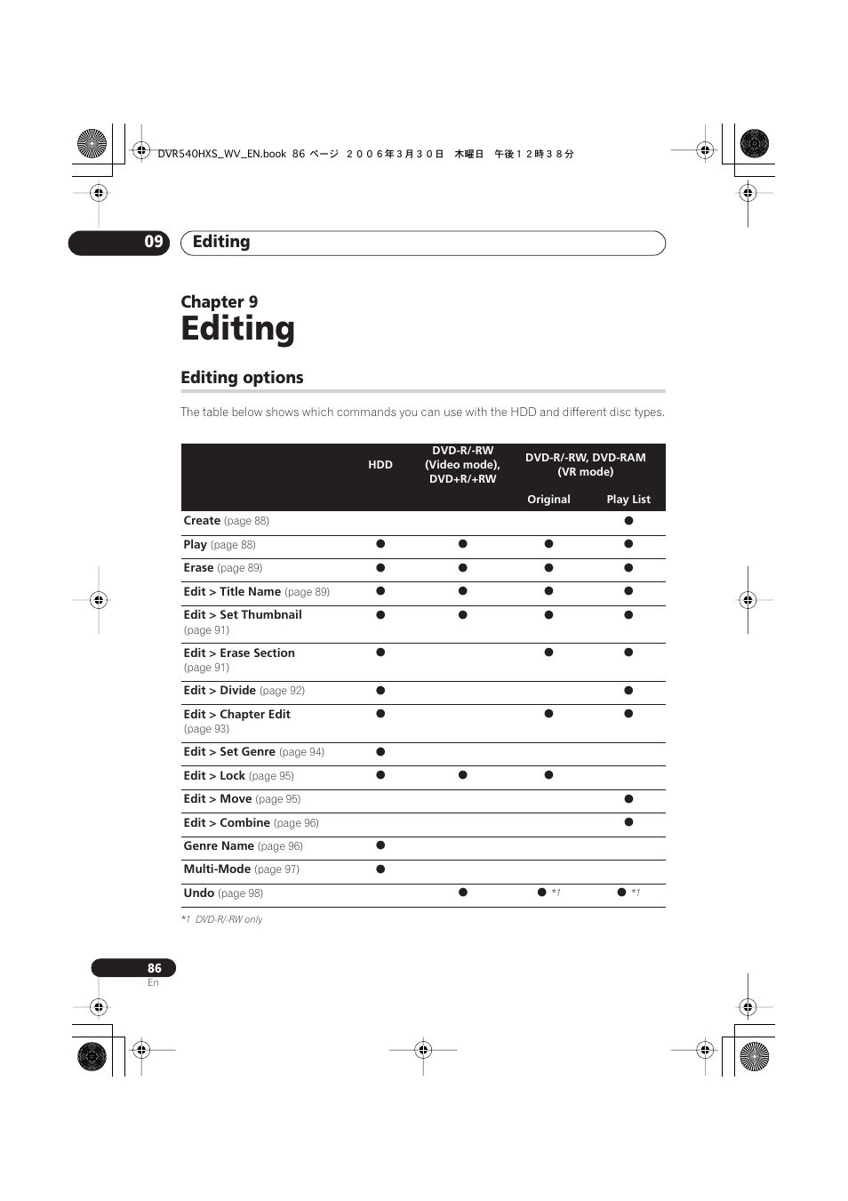 09 editing, Editing options, Editing | Editing 09, Chapter 9 | Pioneer DVR-540HX-S User Manual | Page 86 / 152