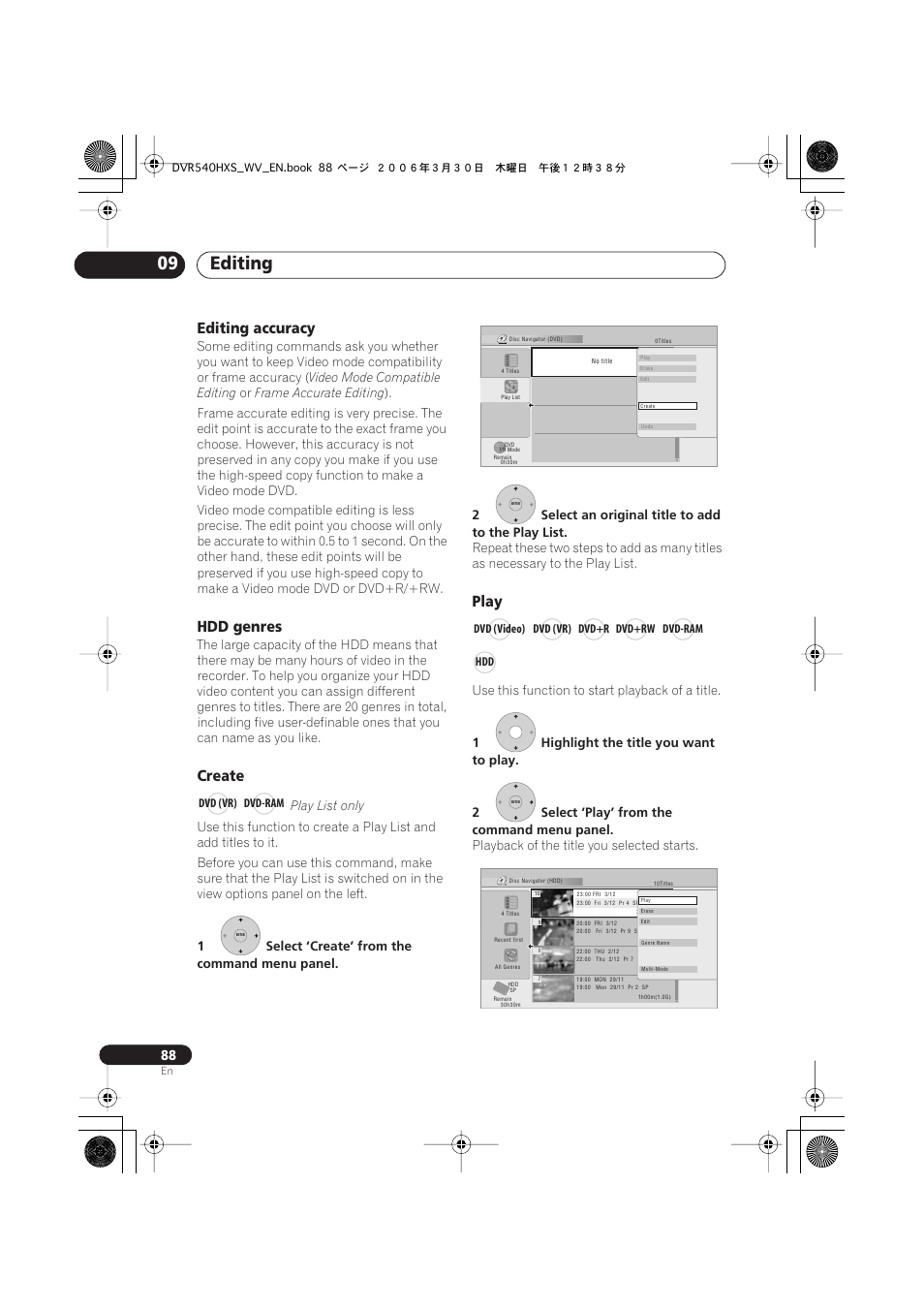 Editing 09, Editing accuracy, Hdd genres | Create, Play | Pioneer DVR-540HX-S User Manual | Page 88 / 152