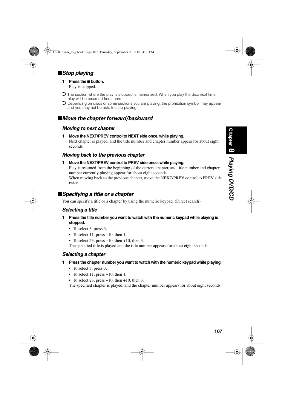 Pla ying d vd/cd ■ stop playing, Move the chapter forward/backward, Specifying a title or a chapter | Pioneer AVIC-75DV User Manual | Page 109 / 148