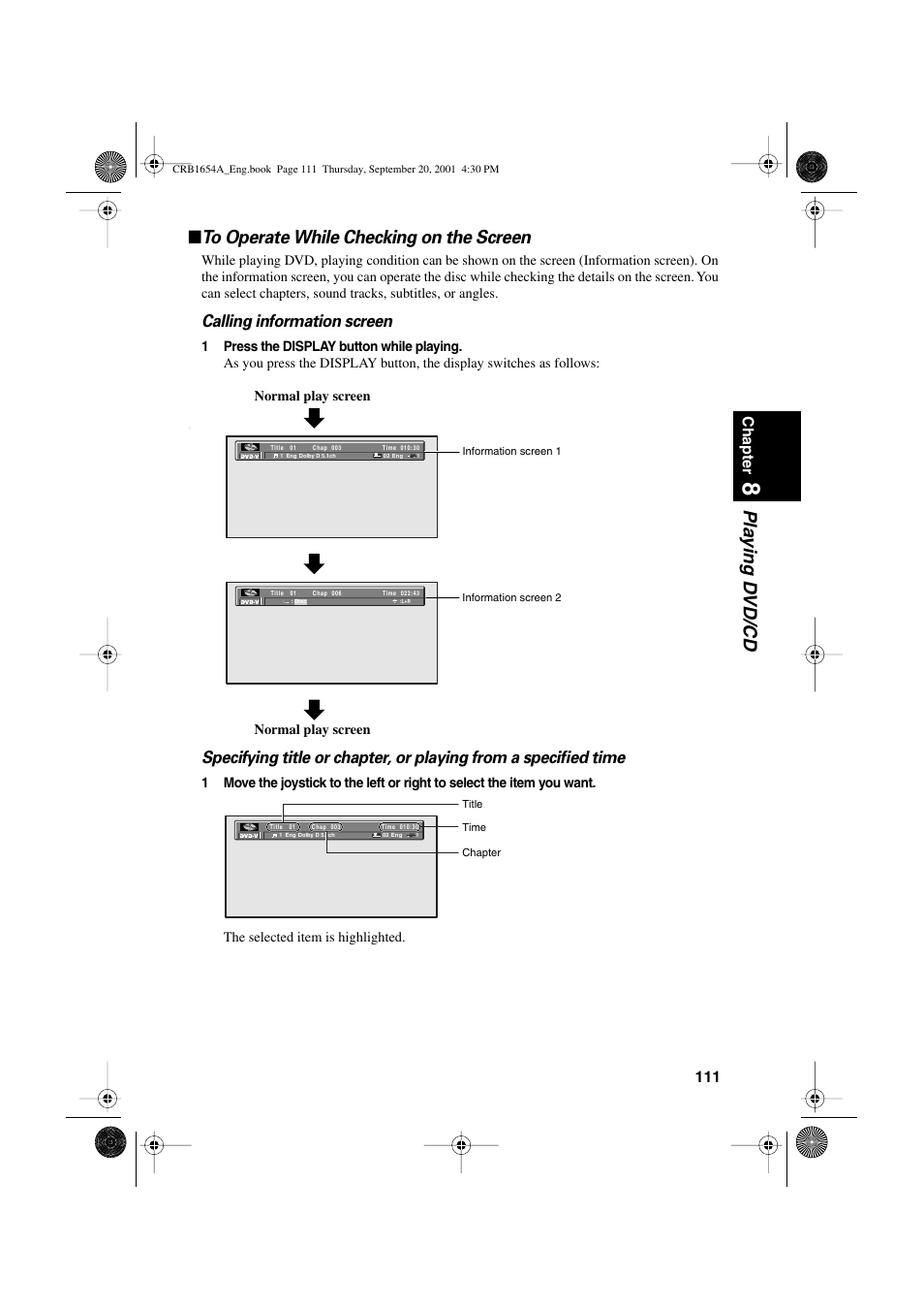 Calling information screen, 111 chapter, Normal play screen | Pioneer AVIC-75DV User Manual | Page 113 / 148