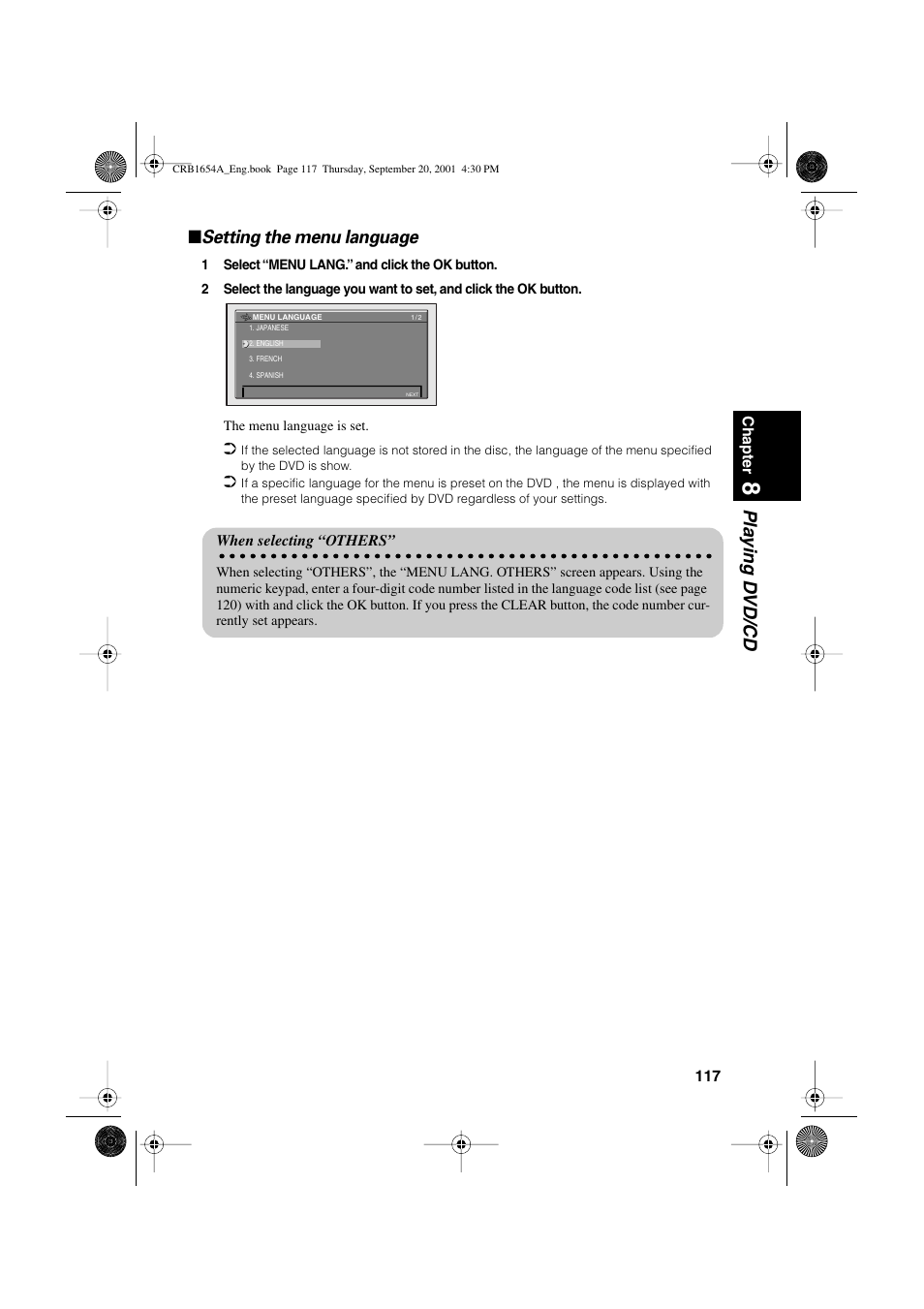 Pla ying d vd/cd ■ setting the menu language | Pioneer AVIC-75DV User Manual | Page 119 / 148