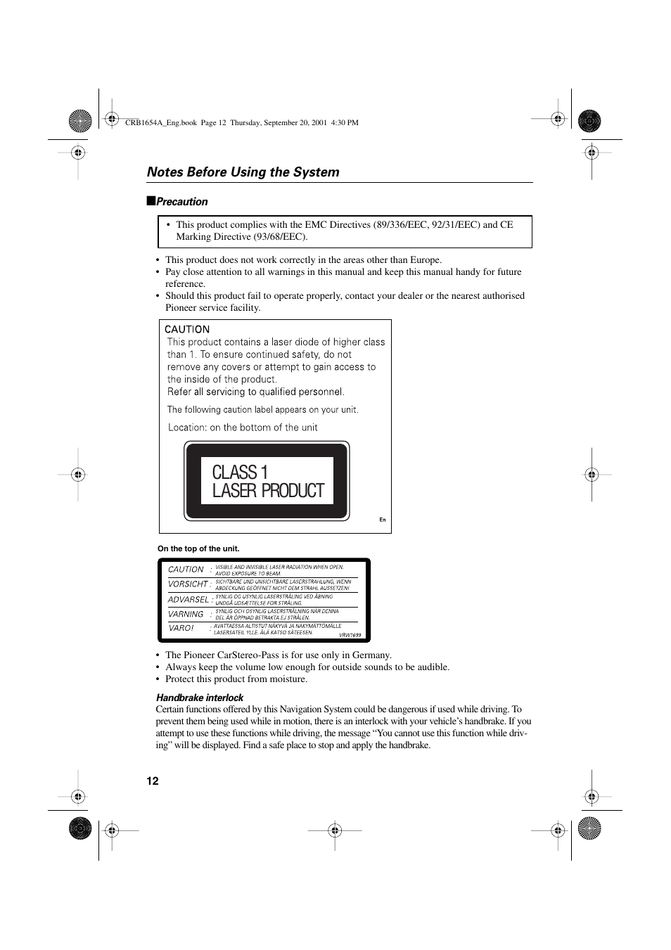 Class 1 laser product | Pioneer AVIC-75DV User Manual | Page 14 / 148