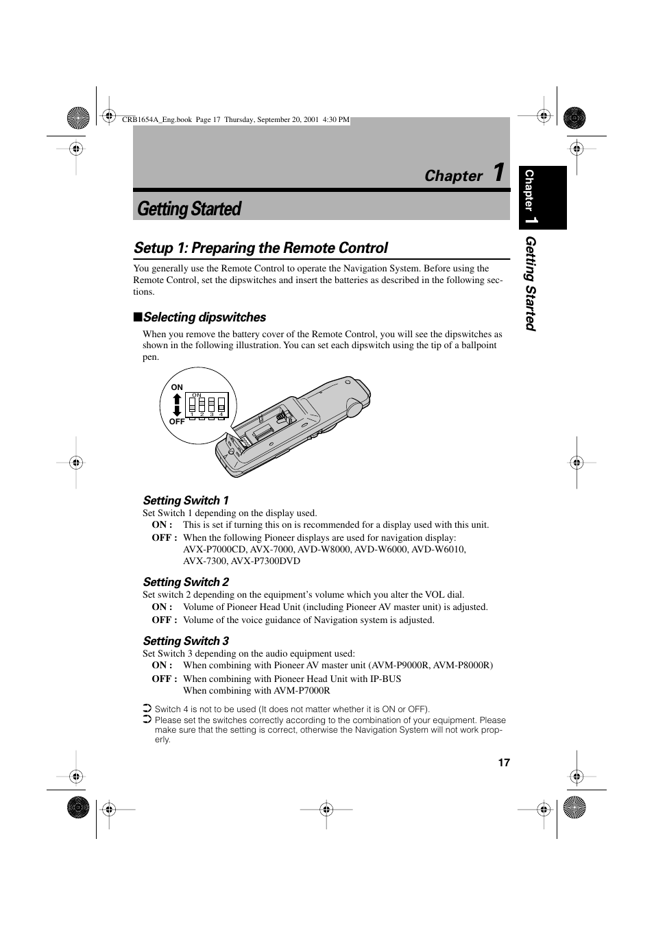 Getting started, Chapter, Setup 1: preparing the remote control | Pioneer AVIC-75DV User Manual | Page 19 / 148