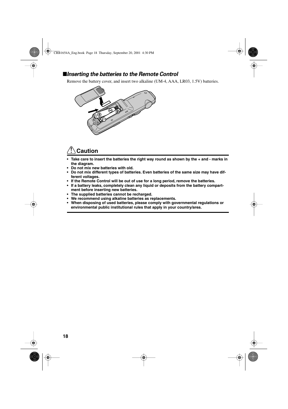 Inserting the batteries to the remote control, Caution | Pioneer AVIC-75DV User Manual | Page 20 / 148