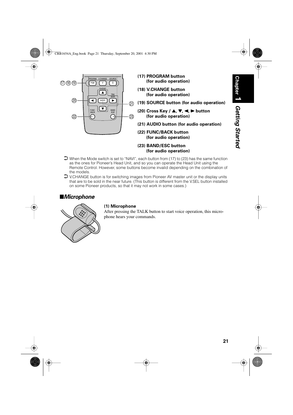 Getting star ted, Microphone | Pioneer AVIC-75DV User Manual | Page 23 / 148