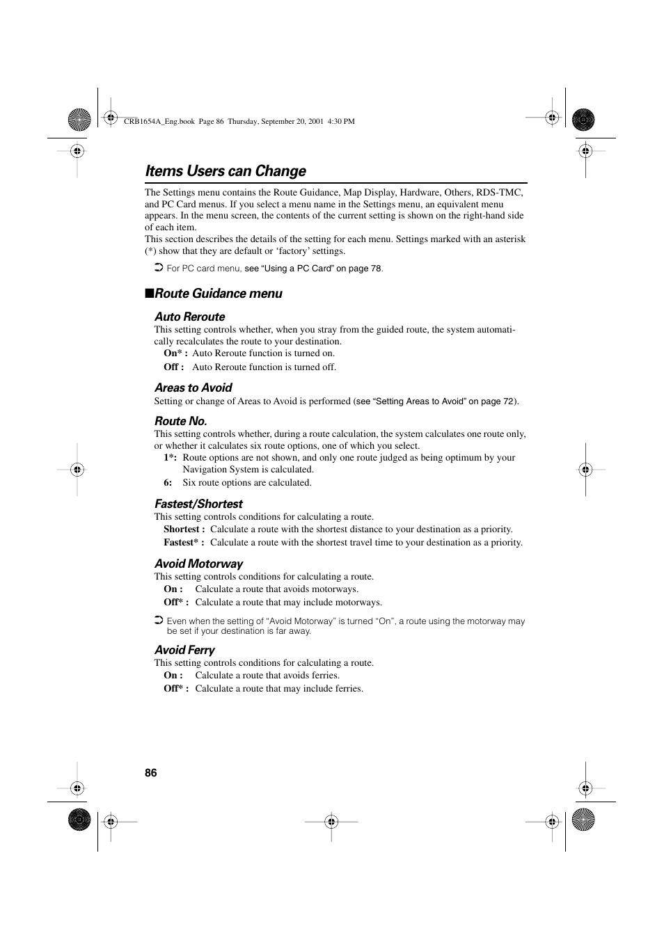 Items users can change, Route guidance menu | Pioneer AVIC-75DV User Manual | Page 88 / 148