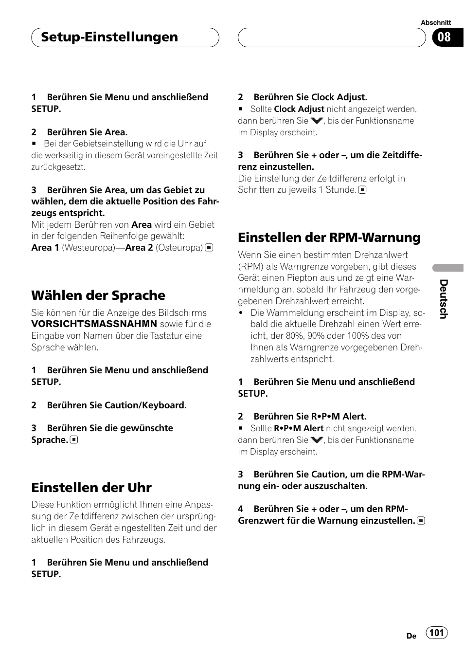 Wählen der sprache 101, Einstellen der uhr 101, Einstellen der rpm-warnung 101 | Wählen der sprache auf seite 101), Wählen der sprache auf seite 101, Wählen der sprache, Einstellen der uhr, Einstellen der rpm-warnung, Setup-einstellungen | Pioneer AVG-VDP1 User Manual | Page 101 / 108