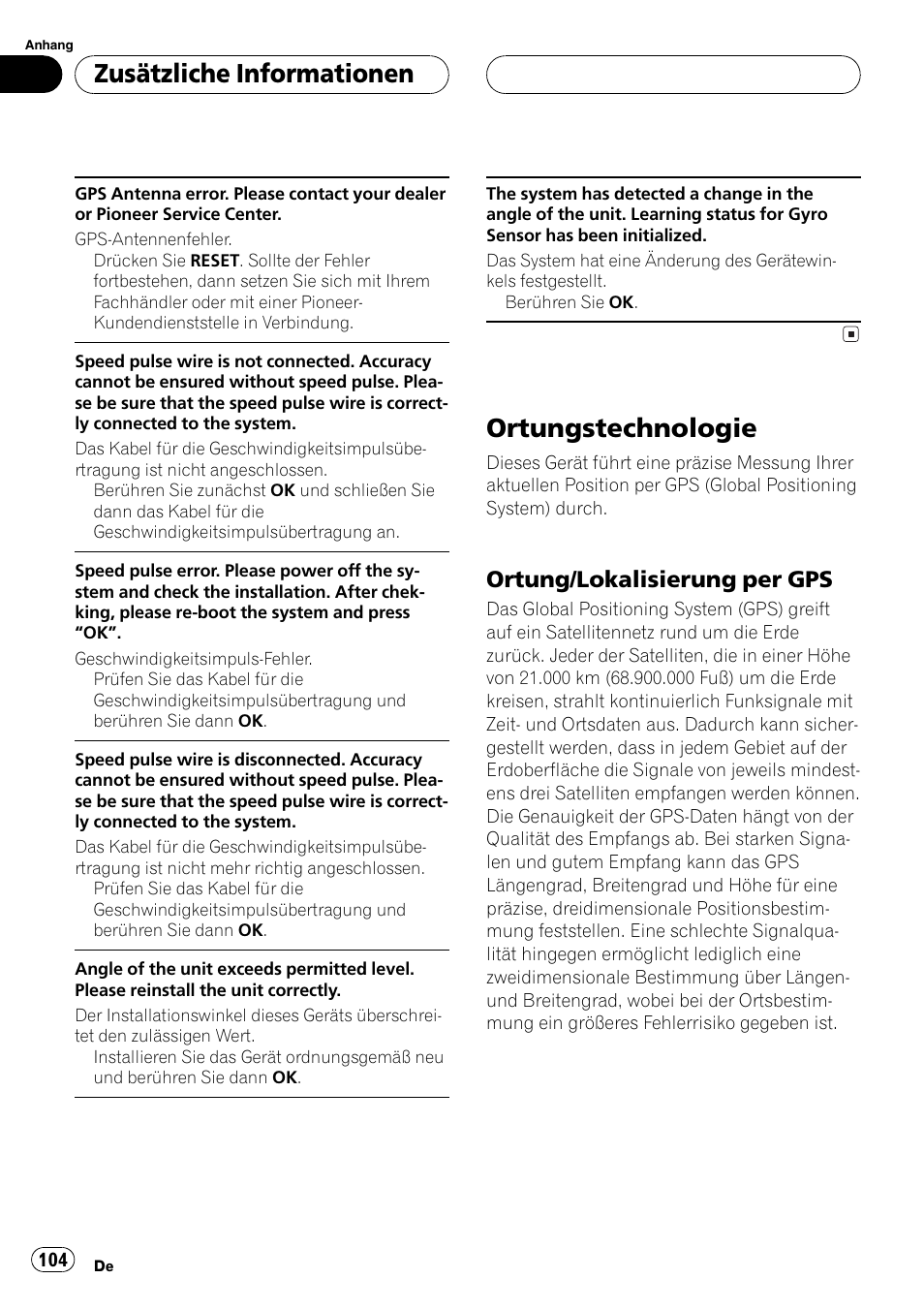 Ortungstechnologie 104, Ortungstechnologie, Zusätzliche informationen | Ortung/lokalisierung per gps | Pioneer AVG-VDP1 User Manual | Page 104 / 108
