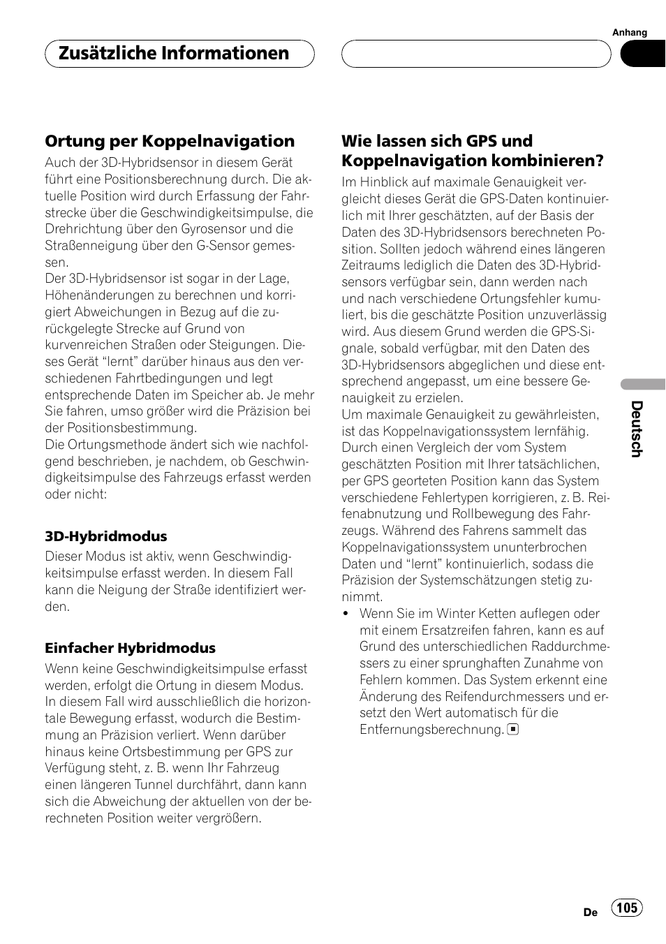 Zusätzliche informationen, Ortung per koppelnavigation | Pioneer AVG-VDP1 User Manual | Page 105 / 108