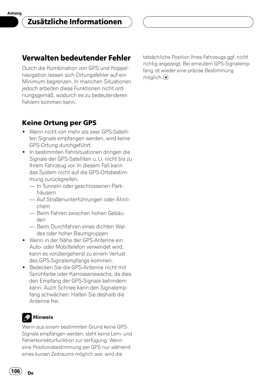 Verwalten bedeutender fehler 106, Verwalten bedeutender fehler, Zusätzliche informationen | Keine ortung per gps | Pioneer AVG-VDP1 User Manual | Page 106 / 108